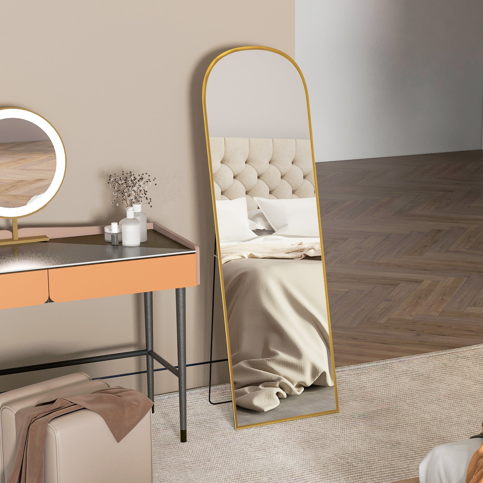 Floor Mirror, Rectangular Wall Mirror, Rounded, Aluminum Frame, Standing Mirror with Stand for Entryway, Bedroom, Dressing Room, 50 x 161.5 cm, Gold