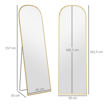 Floor Mirror, Rectangular Wall Mirror, Rounded, Aluminum Frame, Standing Mirror with Stand for Entryway, Bedroom, Dressing Room, 50 x 161.5 cm, Gold
