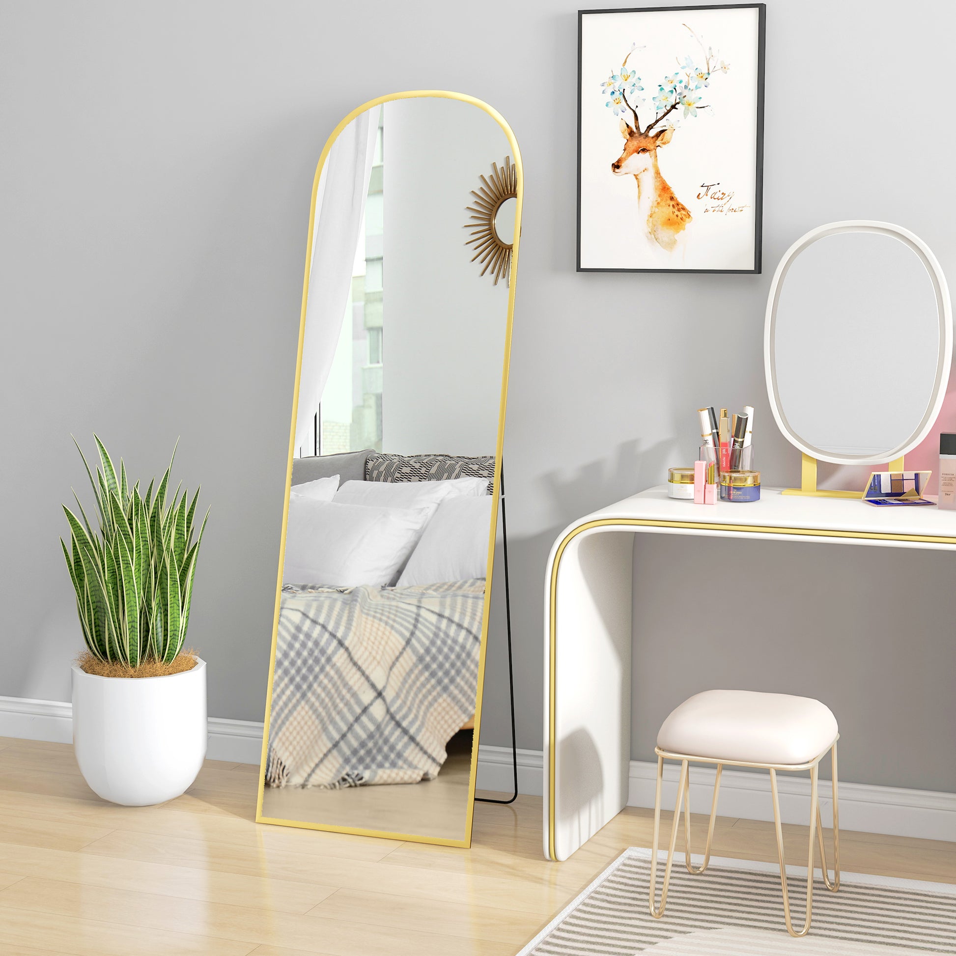 Floor Mirror, Rectangular Wall Mirror, Rounded, Aluminum Frame, Standing Mirror with Stand for Entryway, Bedroom, Dressing Room, 50 x 161.5 cm, Gold