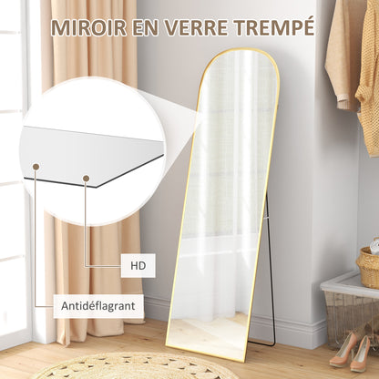 Floor Mirror, Rectangular Wall Mirror, Rounded, Aluminum Frame, Standing Mirror with Stand for Entryway, Bedroom, Dressing Room, 50 x 161.5 cm, Gold