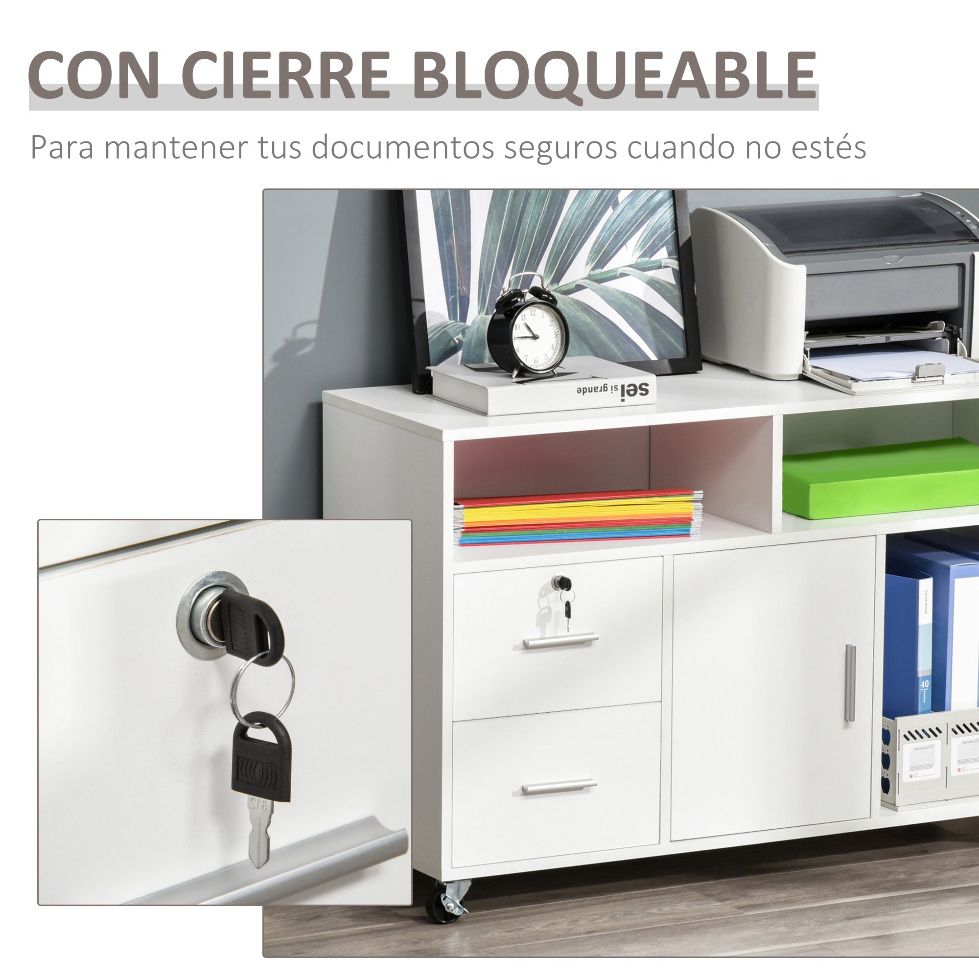 Office Auxiliary Furniture File Cabinet with Wheels Shelves and Drawers Multi-Purpose Cabinet with Large Storage 100x35x65 cm White