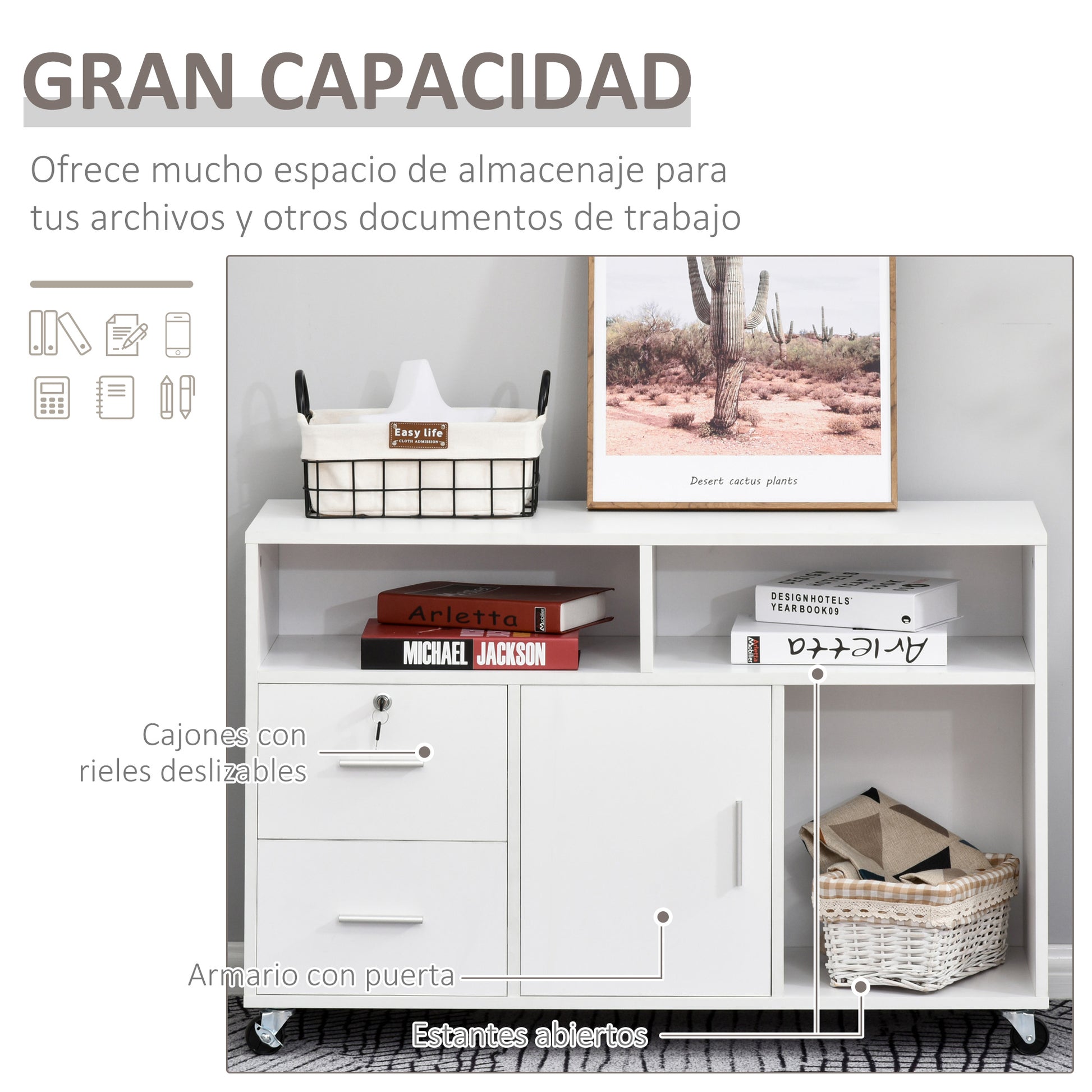 Office Auxiliary Furniture File Cabinet with Wheels Shelves and Drawers Multi-Purpose Cabinet with Large Storage 100x35x65 cm White