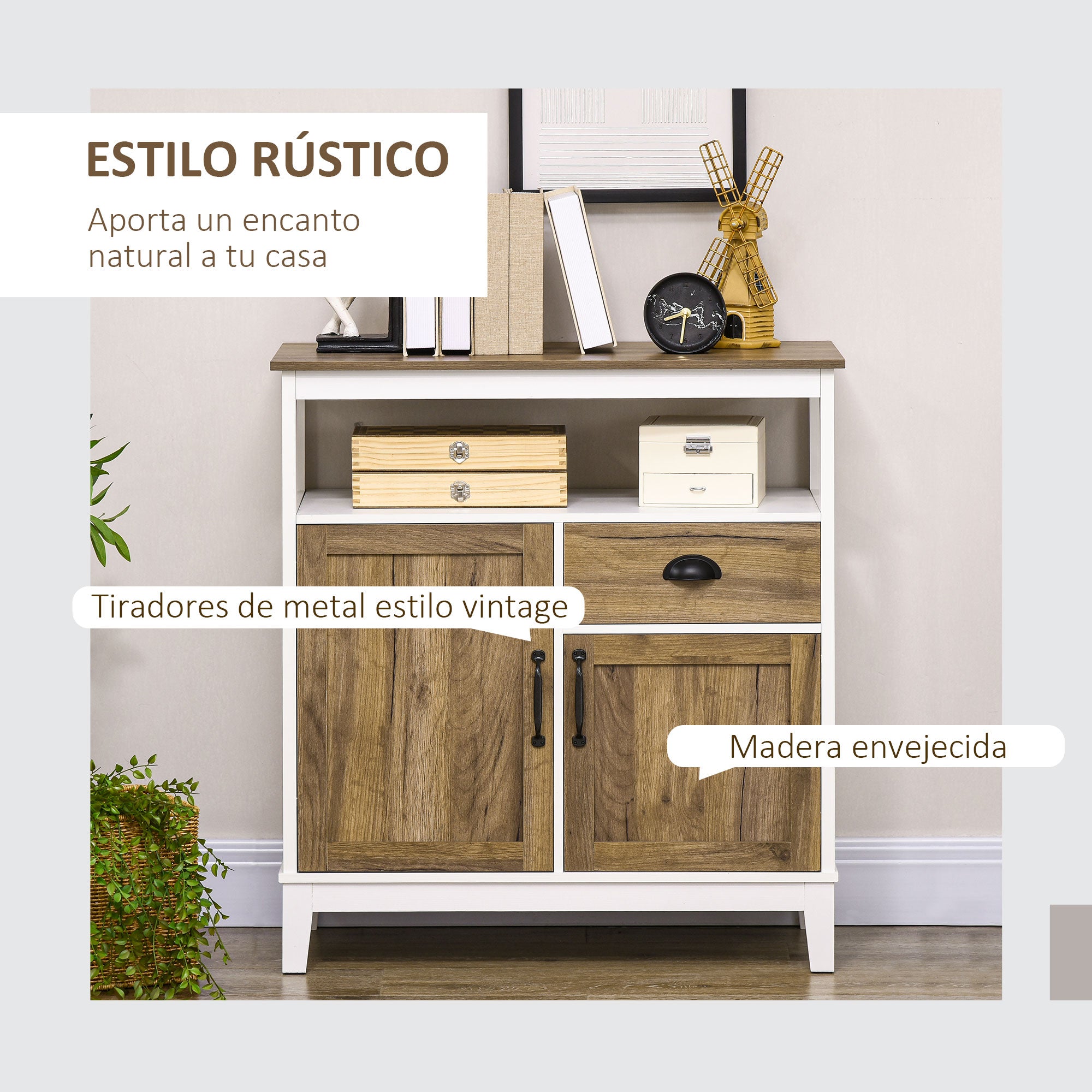 Living Room Sideboard Storage Cabinet with 2 Doors Drawer and Adjustable Shelf for Dining Room Kitchen Bedroom 76.6x35x81.5 cm White and Brown