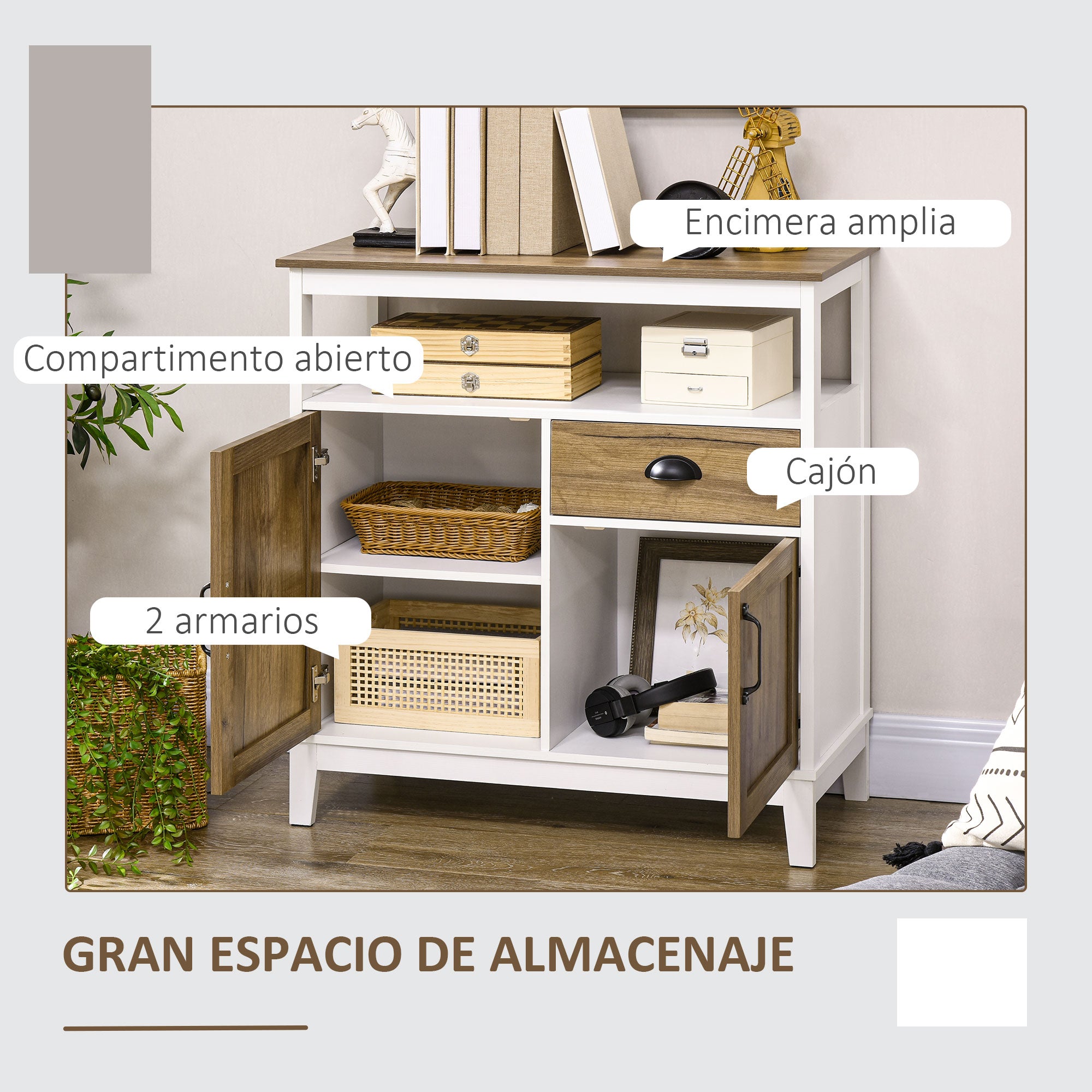 Living Room Sideboard Storage Cabinet with 2 Doors Drawer and Adjustable Shelf for Dining Room Kitchen Bedroom 76.6x35x81.5 cm White and Brown