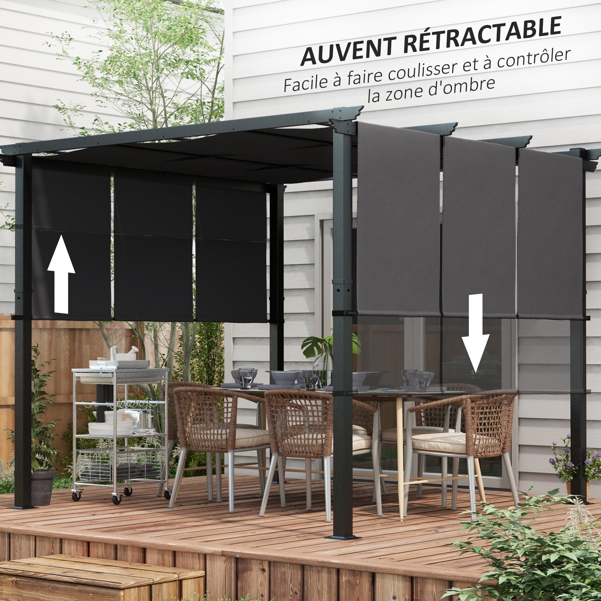 Pergola with 3 Sliding Canopies 3 x 3 m Steel Structure High Density Polyester Canopy Dark Gray