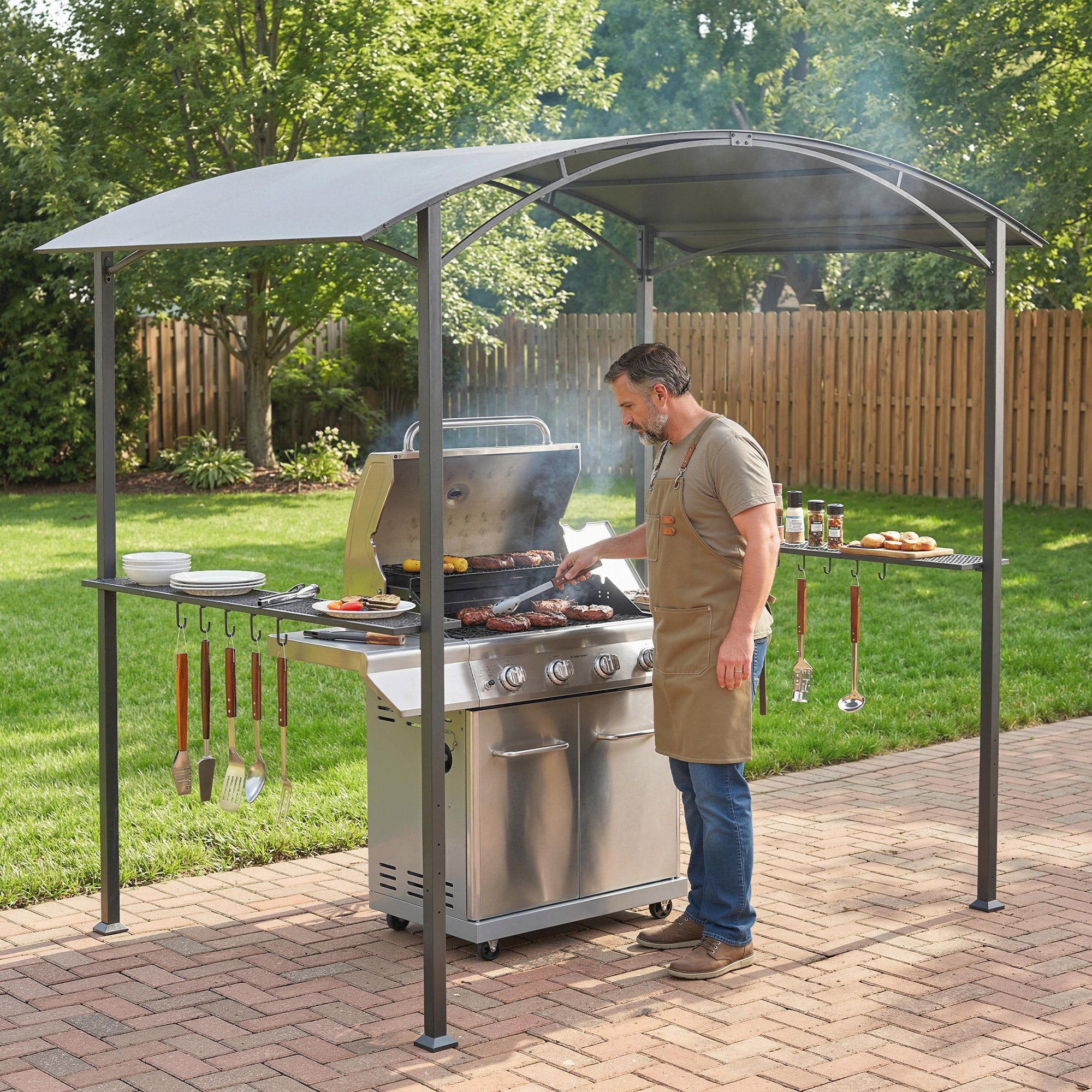 BBQ Shelter Gazebo 245 x 152 x 218 cm Steel with Side Shelves & Hooks — Outdoor Barbecue Canopy for Patio, Garden, Yard, Dark Gray