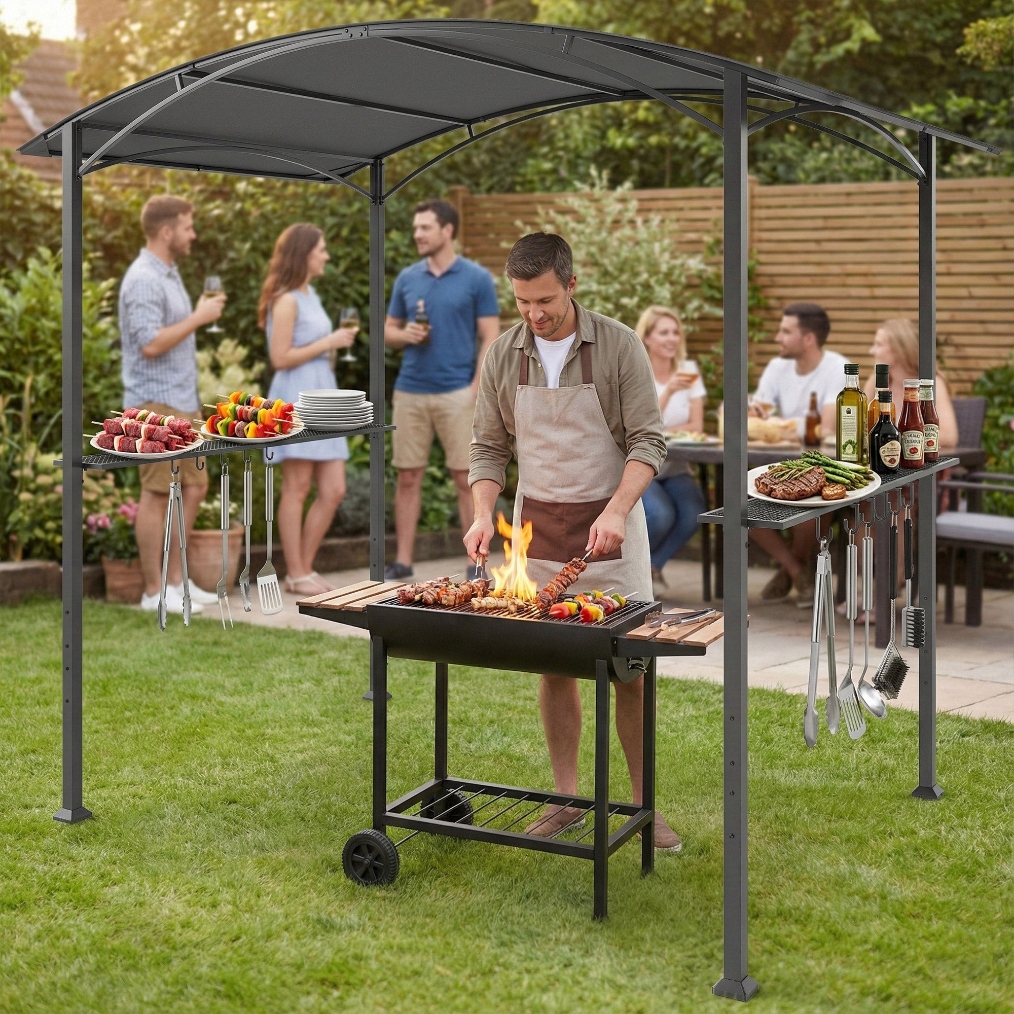 BBQ Shelter Gazebo 245 x 152 x 218 cm Steel with Side Shelves & Hooks — Outdoor Barbecue Canopy for Patio, Garden, Yard, Dark Gray