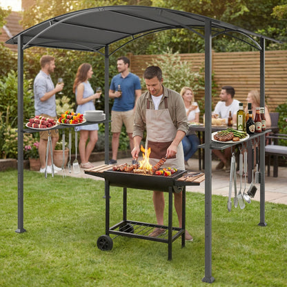 BBQ Shelter Gazebo 245 x 152 x 218 cm Steel with Side Shelves & Hooks — Outdoor Barbecue Canopy for Patio, Garden, Yard, Dark Gray
