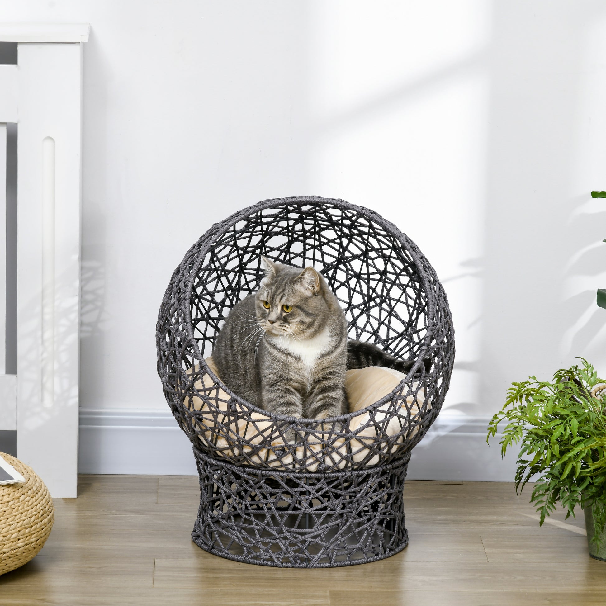 Cat Bed, Cat Cave with Cushion, Cat House made of Polyester Rope, Cat Bed with Cylindrical Base, Pet Bed, Violet+Cream White, 50 x 50 x 60 cm