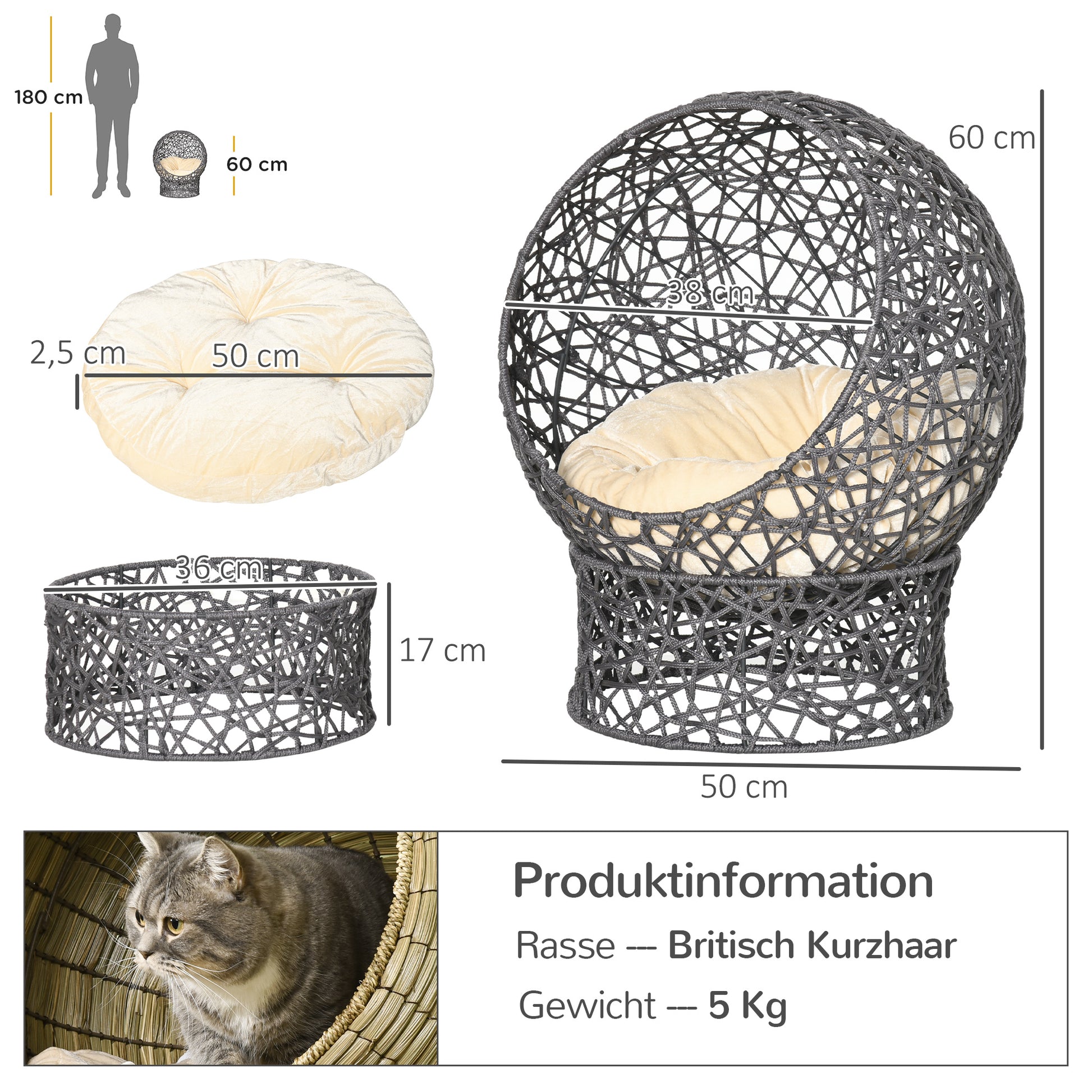 Cat Bed, Cat Cave with Cushion, Cat House made of Polyester Rope, Cat Bed with Cylindrical Base, Pet Bed, Violet+Cream White, 50 x 50 x 60 cm