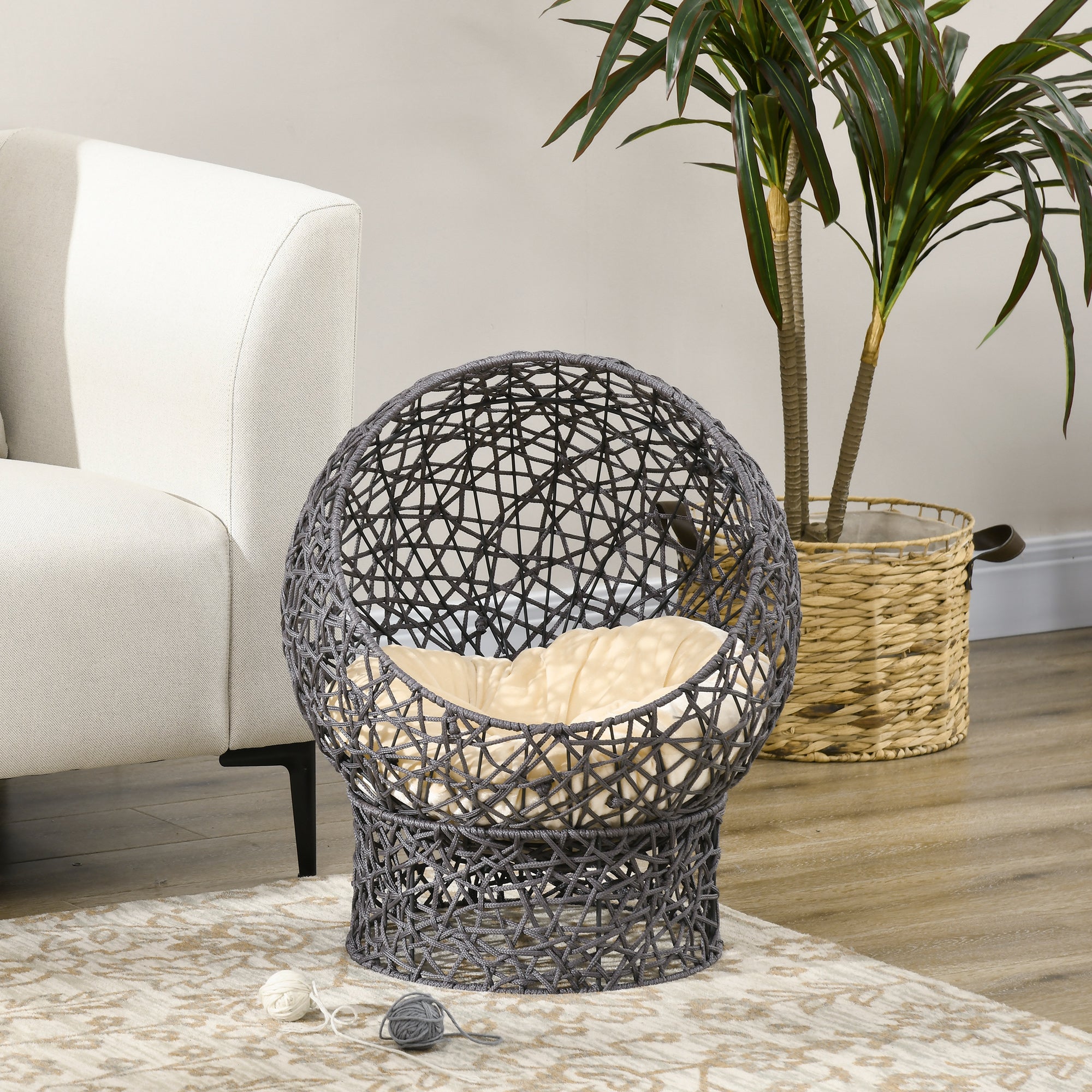 Cat Bed, Cat Cave with Cushion, Cat House made of Polyester Rope, Cat Bed with Cylindrical Base, Pet Bed, Violet+Cream White, 50 x 50 x 60 cm