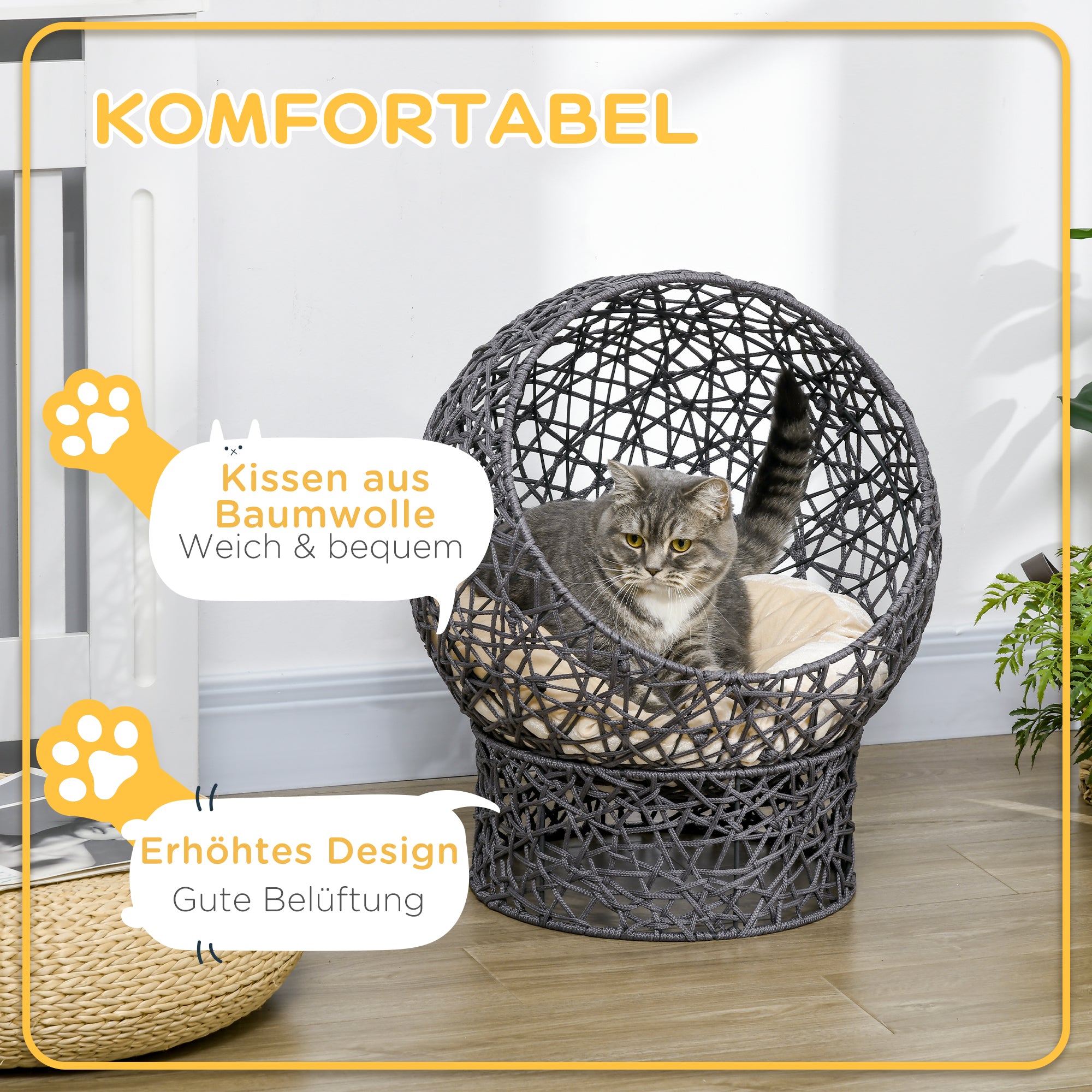 Cat Bed, Cat Cave with Cushion, Cat House made of Polyester Rope, Cat Bed with Cylindrical Base, Pet Bed, Violet+Cream White, 50 x 50 x 60 cm