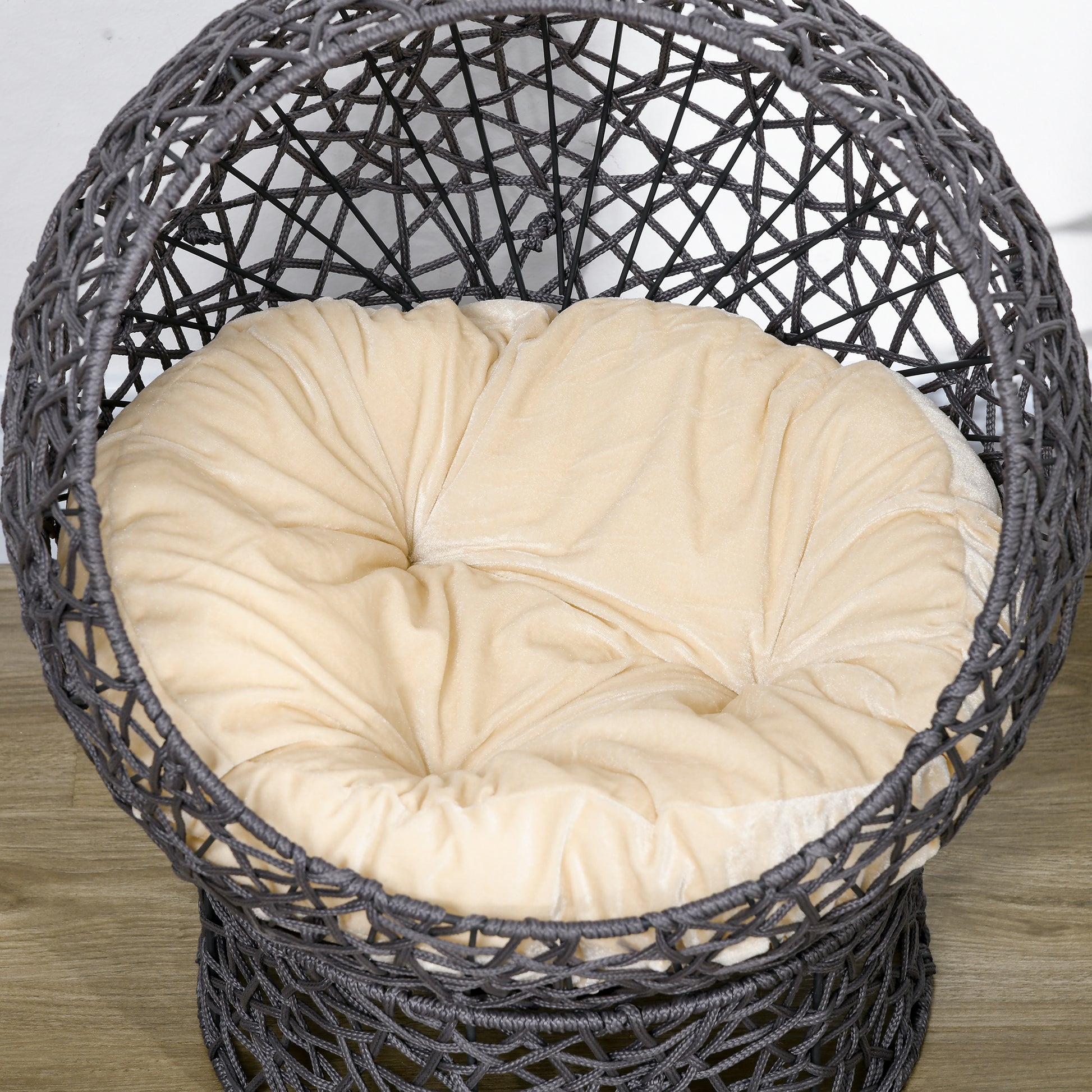 Cat Bed, Cat Cave with Cushion, Cat House made of Polyester Rope, Cat Bed with Cylindrical Base, Pet Bed, Violet+Cream White, 50 x 50 x 60 cm