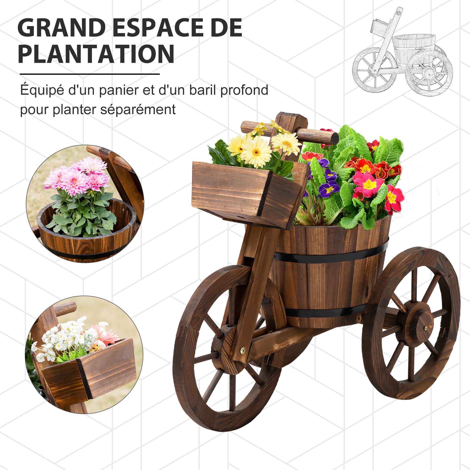 Flower Plant Stand Tricycle - Flower Pot Shelf - Planter dim. 52L x 31W x 45H cm - Fir Wood
