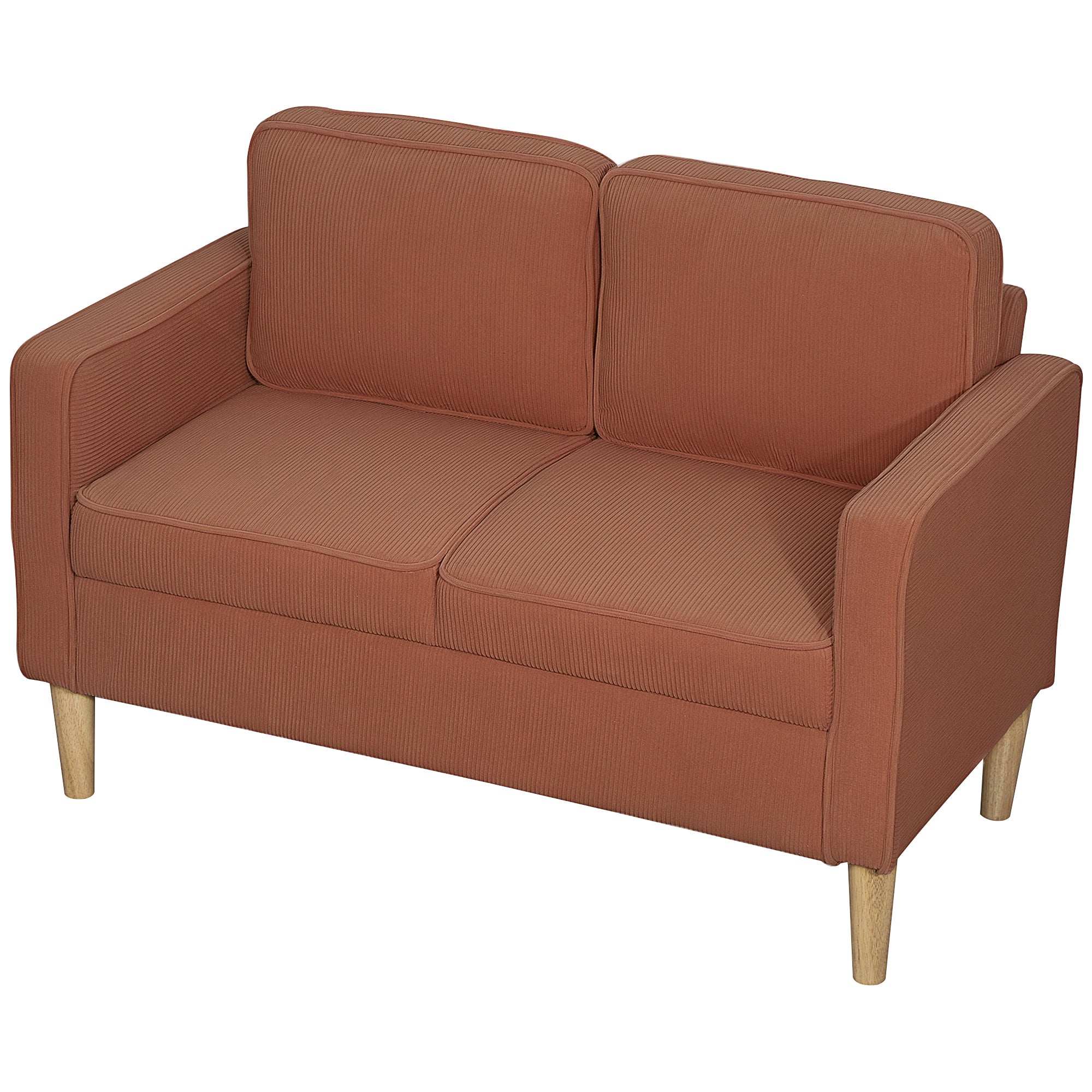 Sofa 2 Seater Small Couch with Armrest, Storage Space, Modern Upholstered Sofa with Corduroy Look, Wooden Legs, Pillows, Loveseat for Living Room, Bedroom, 117 x 63 x 79 cm, Orange