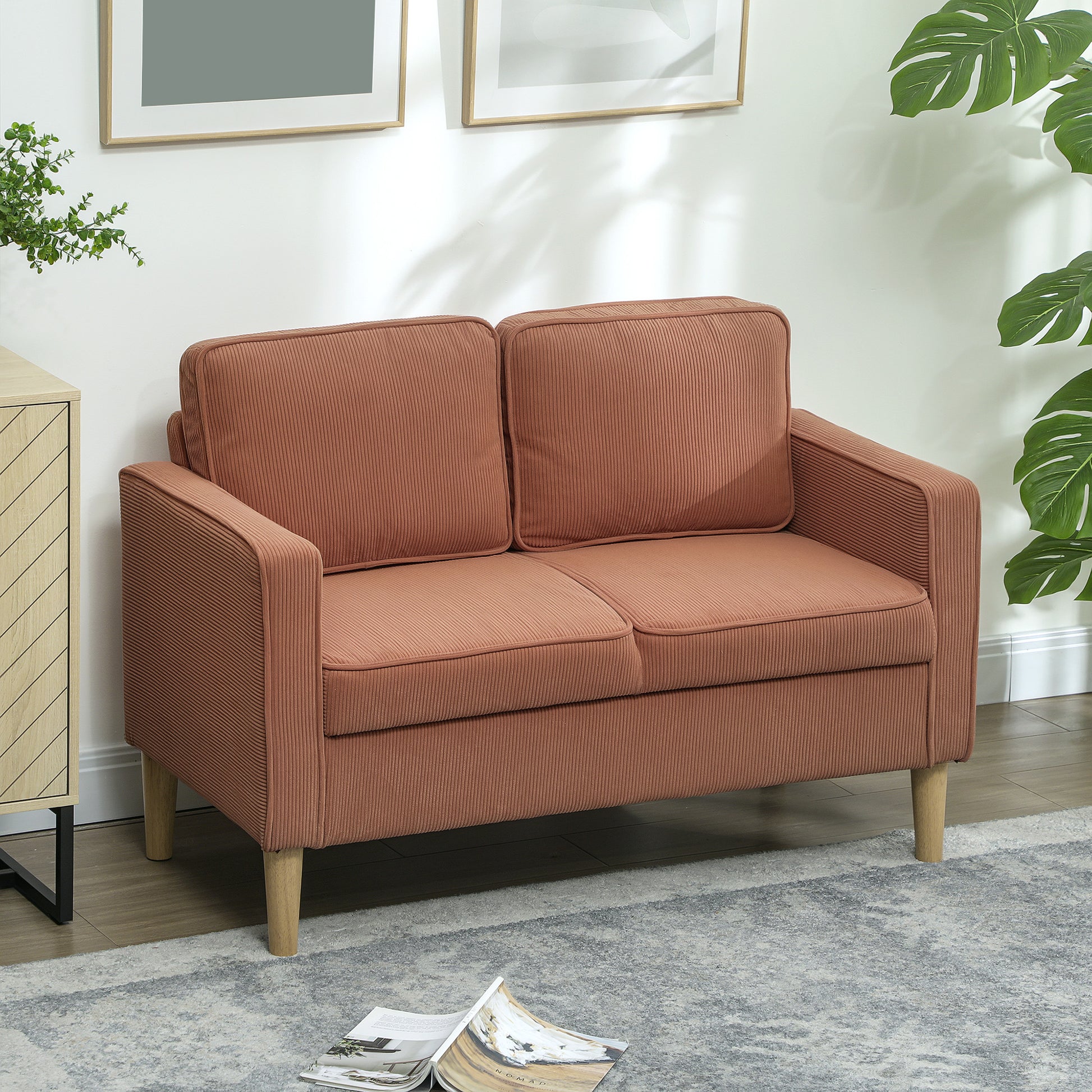 Sofa 2 Seater Small Couch with Armrest, Storage Space, Modern Upholstered Sofa with Corduroy Look, Wooden Legs, Pillows, Loveseat for Living Room, Bedroom, 117 x 63 x 79 cm, Orange