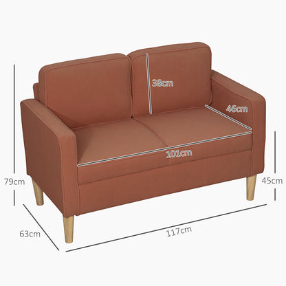 Sofa 2 Seater Small Couch with Armrest, Storage Space, Modern Upholstered Sofa with Corduroy Look, Wooden Legs, Pillows, Loveseat for Living Room, Bedroom, 117 x 63 x 79 cm, Orange