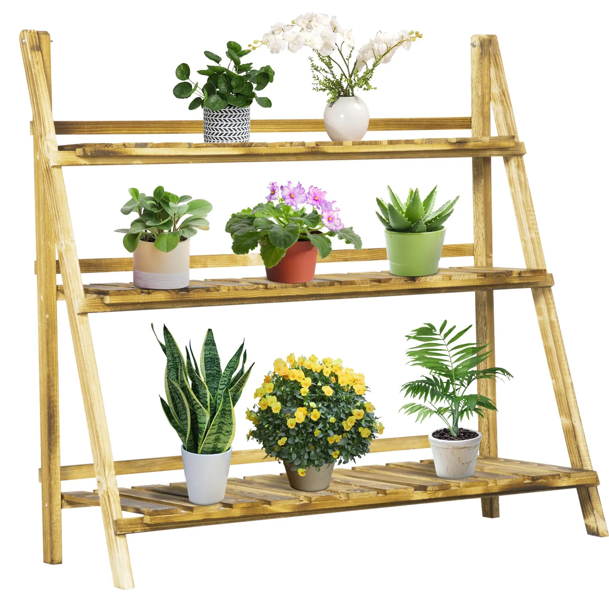 Outsunny Összecsukható Virágtartó Állvány Fenyőfából, 3 Szintű Kültéri Polc Növényeknek, Virágcserép Tartó 100x37x93cm