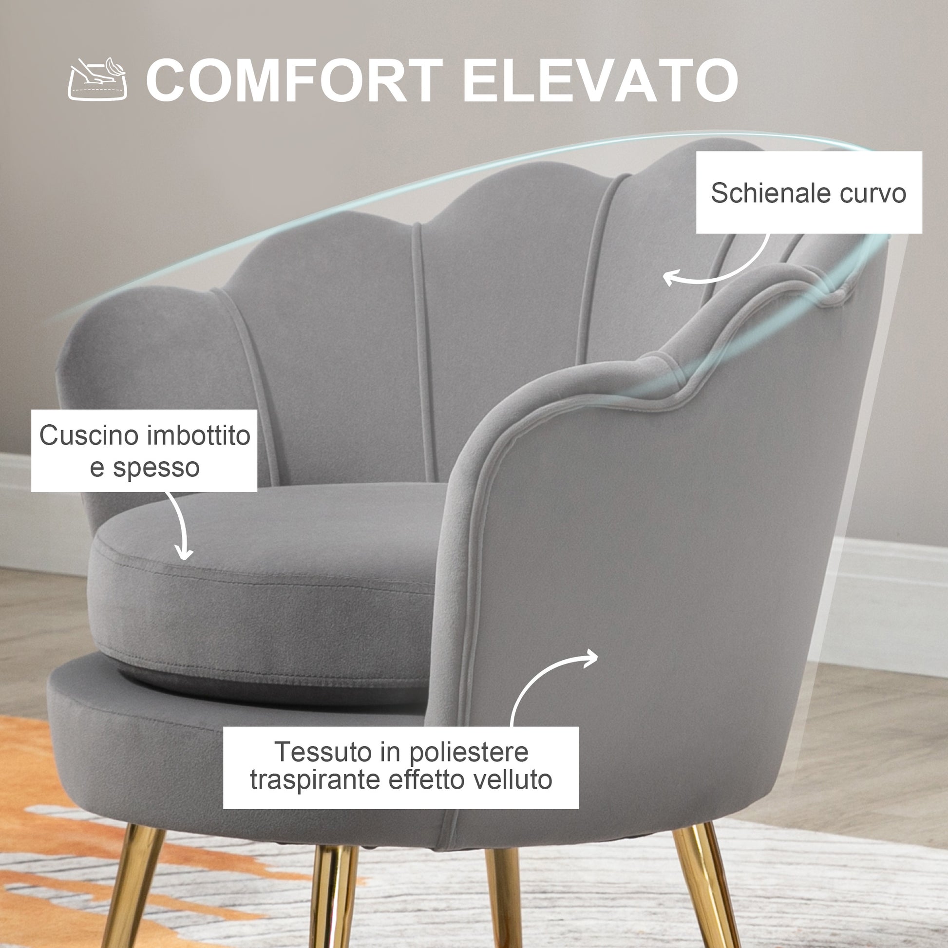 Shell Armchair, Vintage Armchair, Bedroom and Living Room Armchair, Elegant Design, with High Backrest, 76x67x74cm, Gray