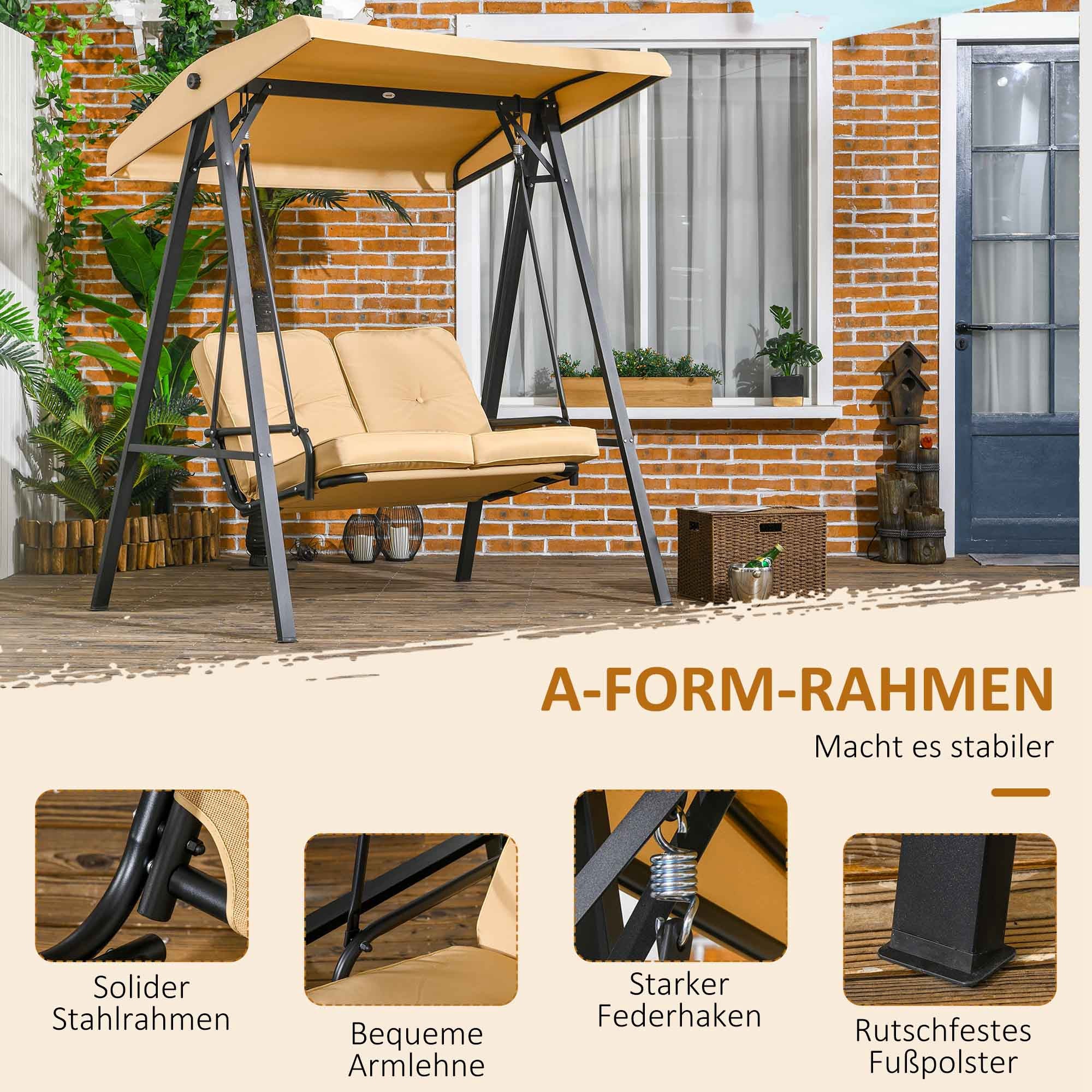 3-Seater Hollywood Swing Bed with Adjustable Sun Canopy, Swing Bench Supports up to 220kg, Garden Bed for Garden, Patio, 138 x 106 x 174 cm, Beige