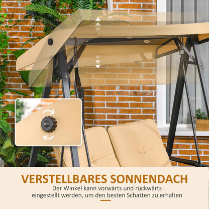 3-Seater Hollywood Swing Bed with Adjustable Sun Canopy, Swing Bench Supports up to 220kg, Garden Bed for Garden, Patio, 138 x 106 x 174 cm, Beige