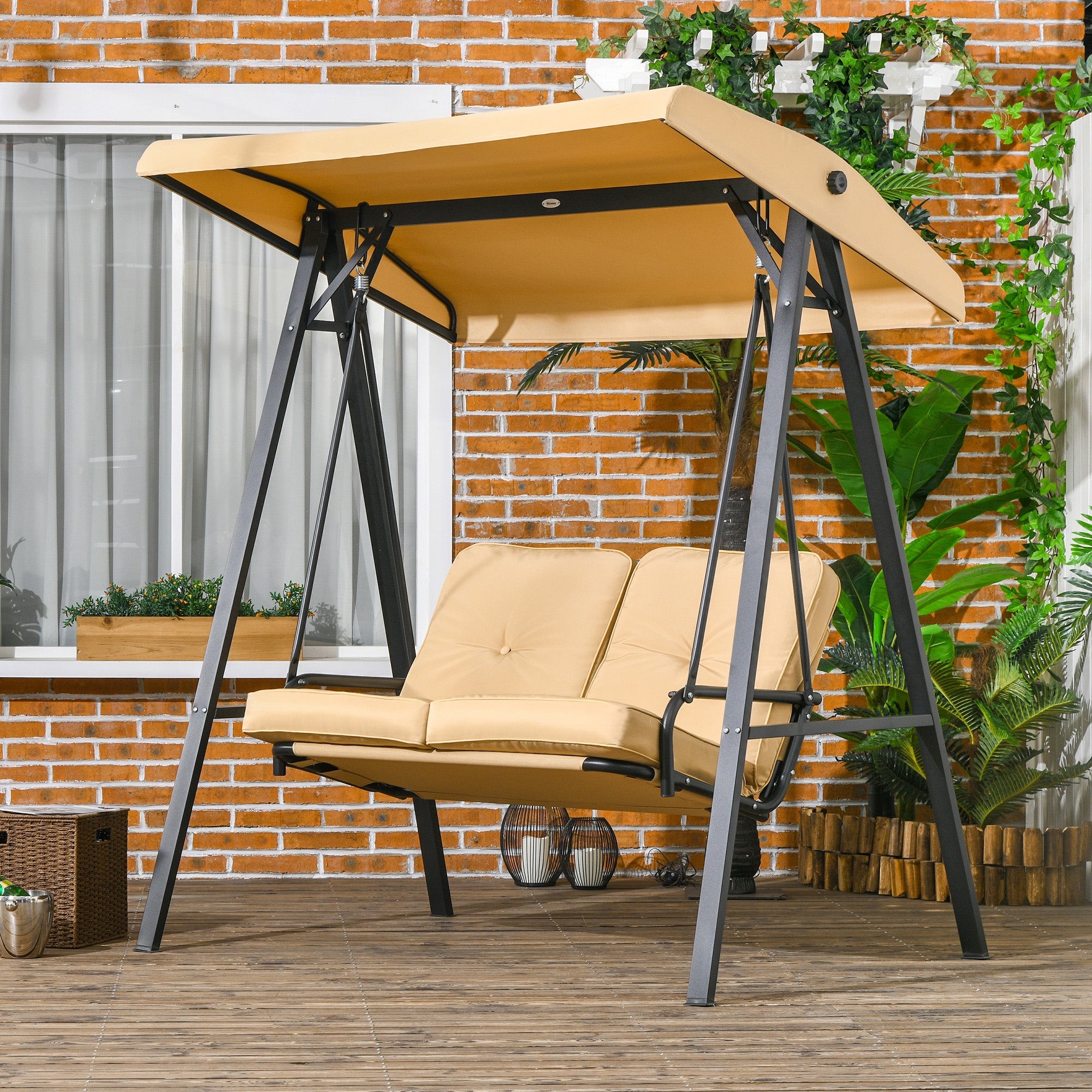 3-Seater Hollywood Swing Bed with Adjustable Sun Canopy, Swing Bench Supports up to 220kg, Garden Bed for Garden, Patio, 138 x 106 x 174 cm, Beige
