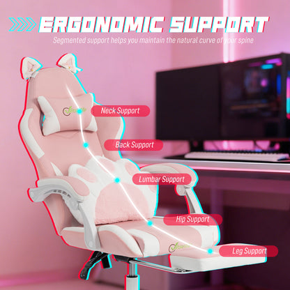 Pink Cat-Ears Ergonomic Gaming Chair — PU Leather Recliner with Footrest, Removable Headrest & Lumbar Support