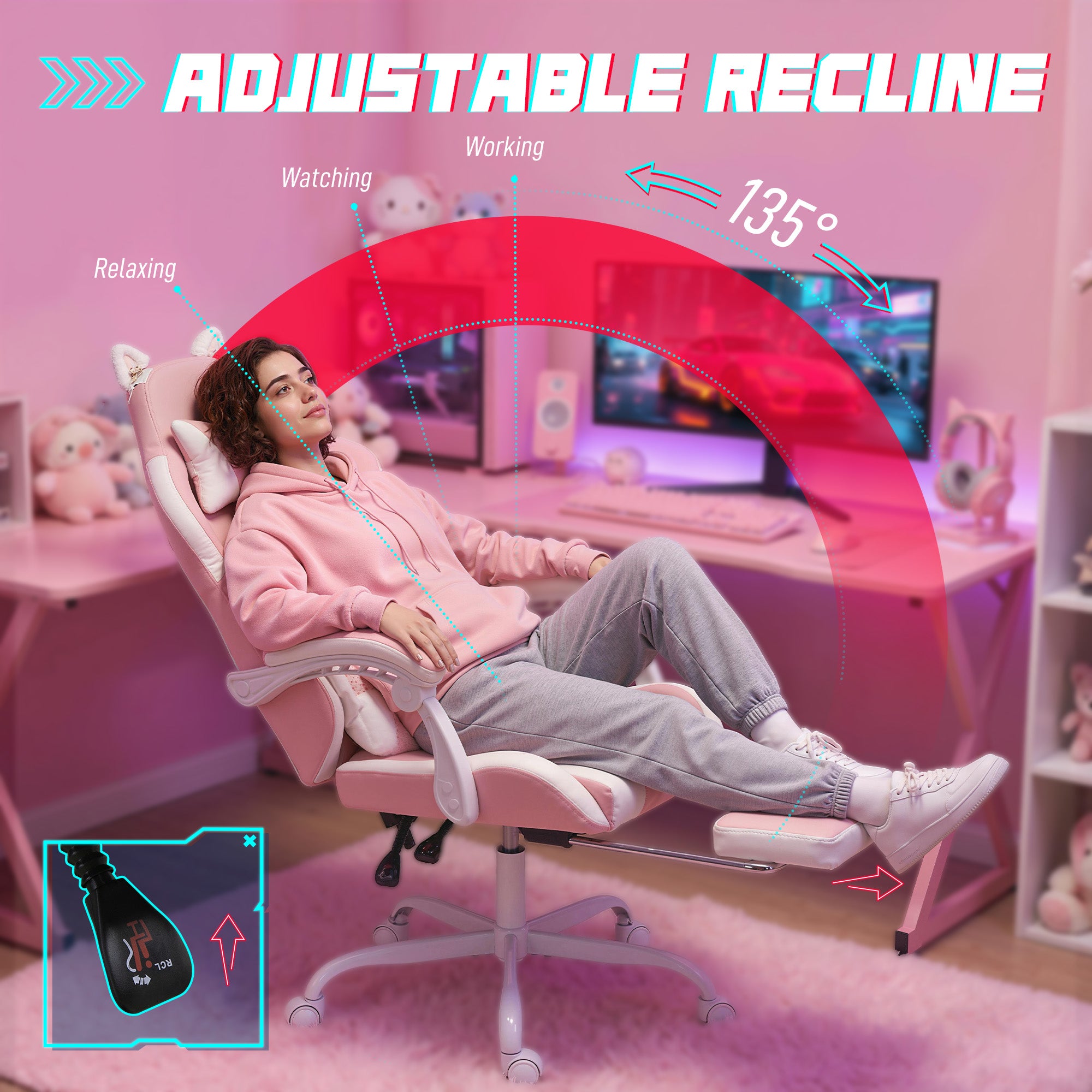 Pink Cat-Ears Ergonomic Gaming Chair — PU Leather Recliner with Footrest, Removable Headrest & Lumbar Support