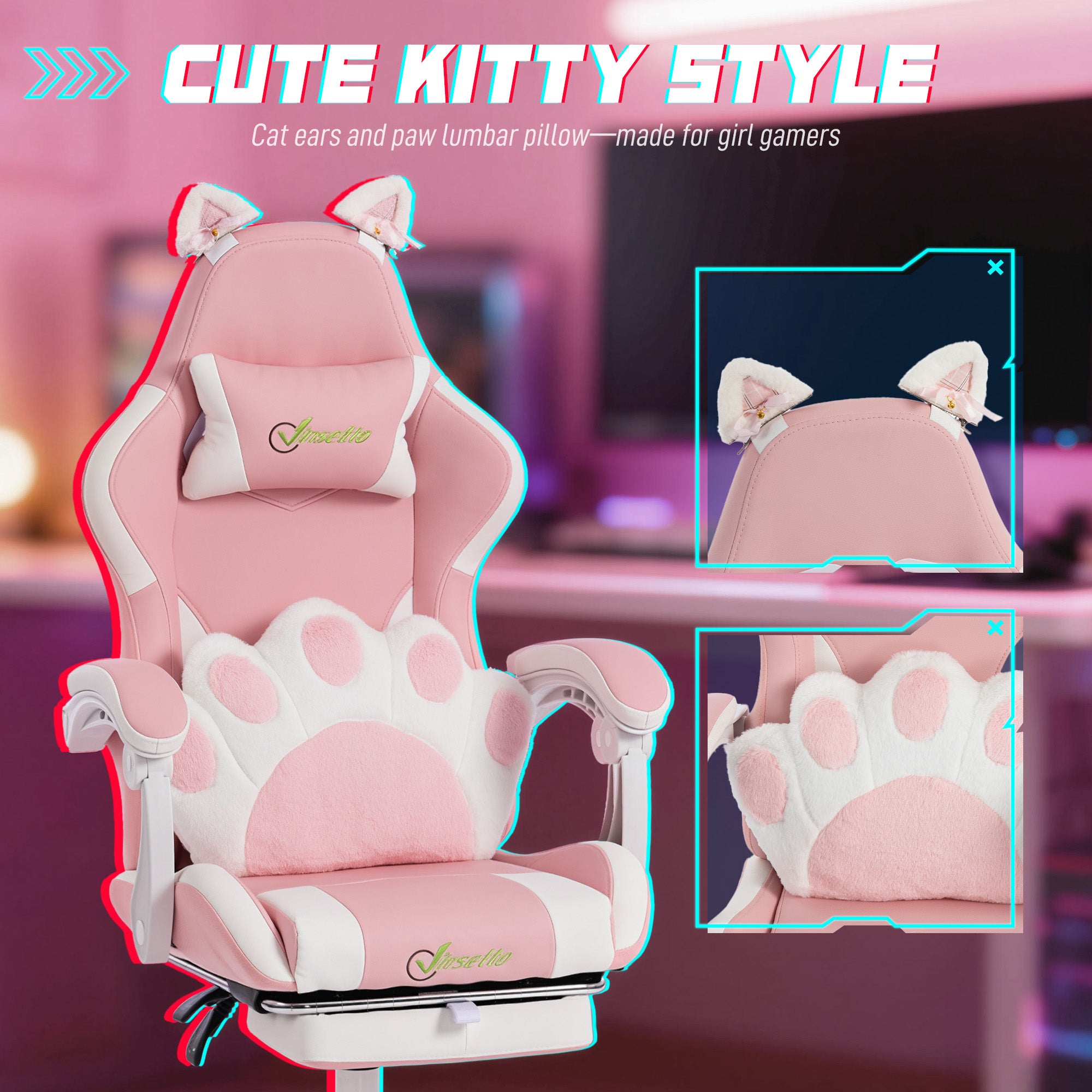 Pink Cat-Ears Ergonomic Gaming Chair — PU Leather Recliner with Footrest, Removable Headrest & Lumbar Support