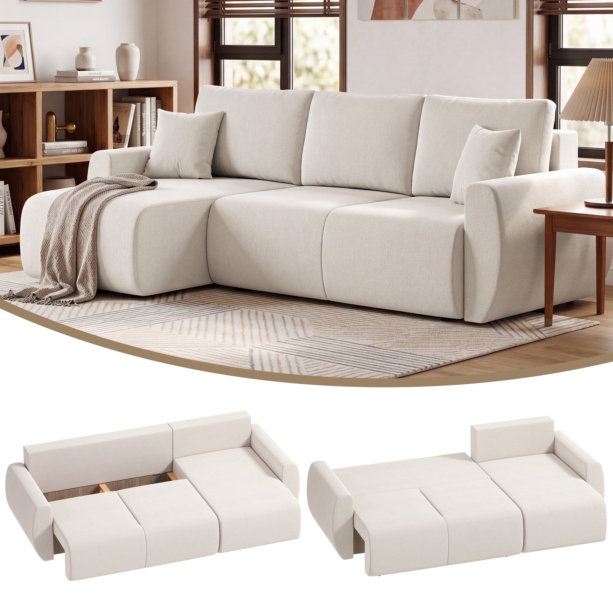 L-Shaped 3-Seater Sofa Bed with Reversible Chaise, Faux Suede, Storage, Cream