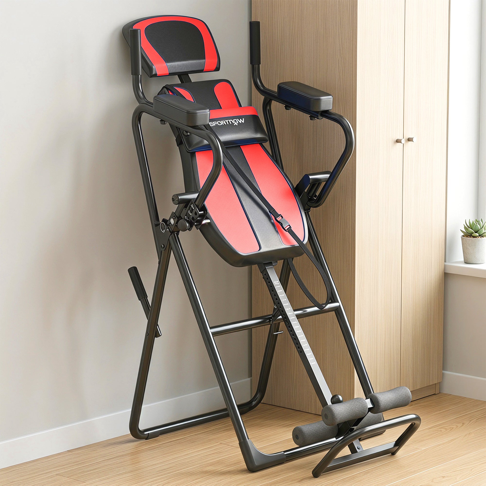SPORTNOW 3-in-1 Foldable Inversion Table with Adjustable Headrest (61–78 in), Pull-Up & Push-Up Bars, 20°/40°/60° Angles, Lumbar Support, Ankle Lock — Red