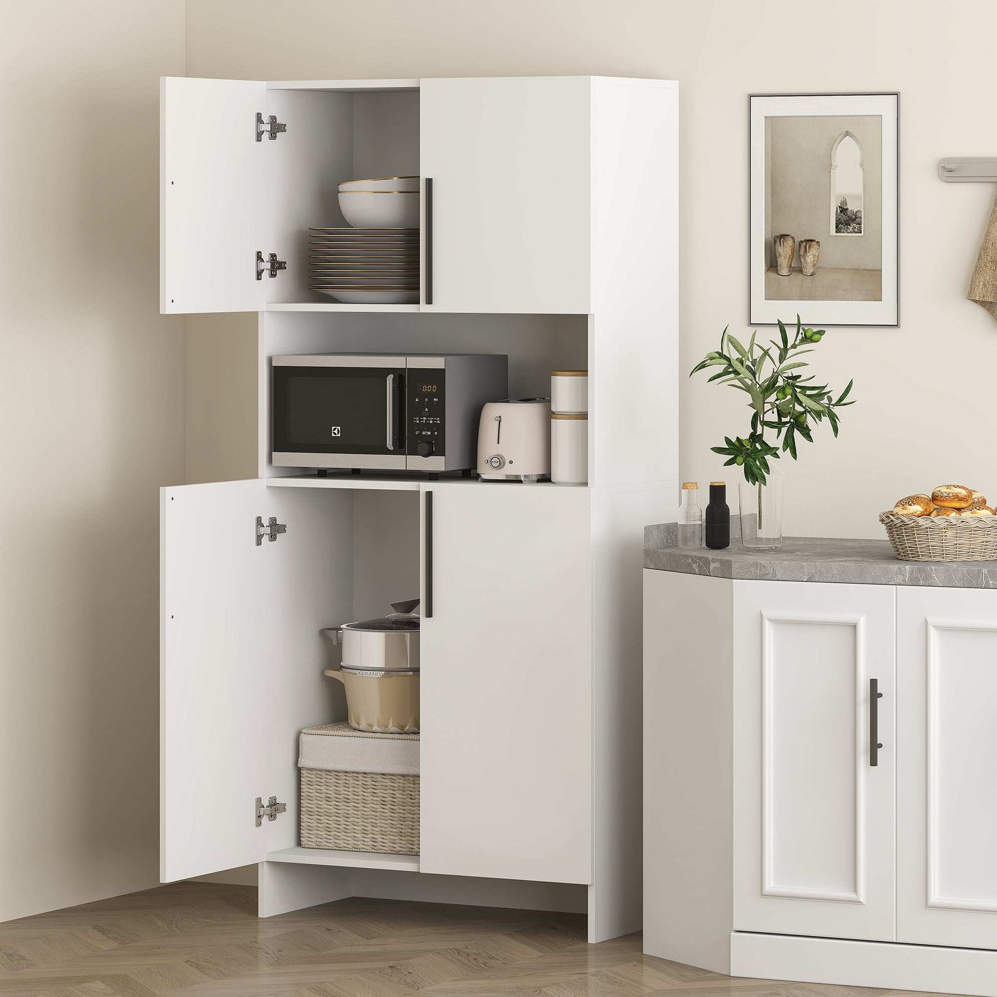 Kitchen Cabinet Buffet Cabinet with Worktop, 2 Doors, 2 Cabinets, Tall Cabinet with Silent Hinges, Microwave Cabinet with Modern Design, White