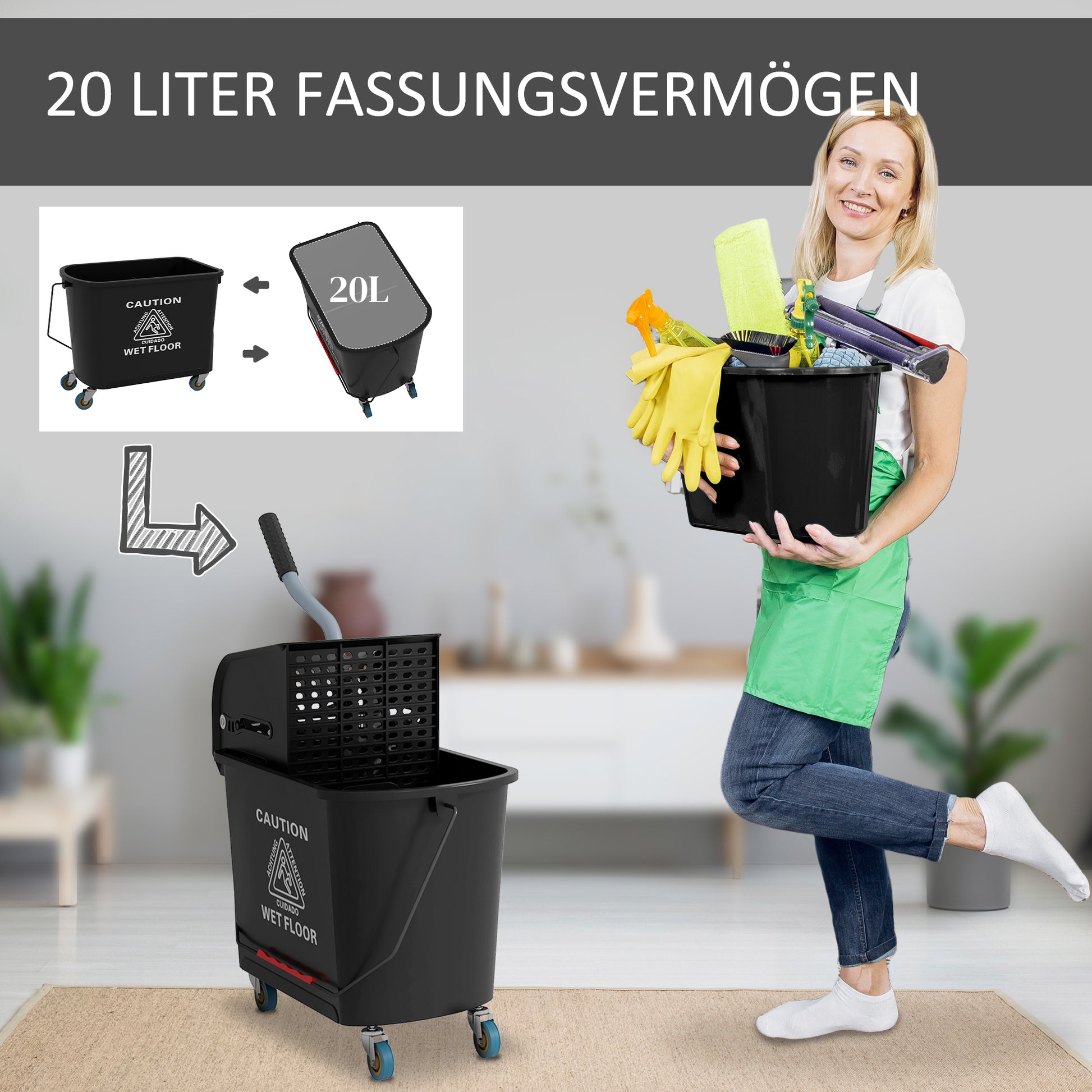 Cleaning Cart Mop Bucket with Wringer 20 L Bucket with Divider for Building Cleaning Hotel Black