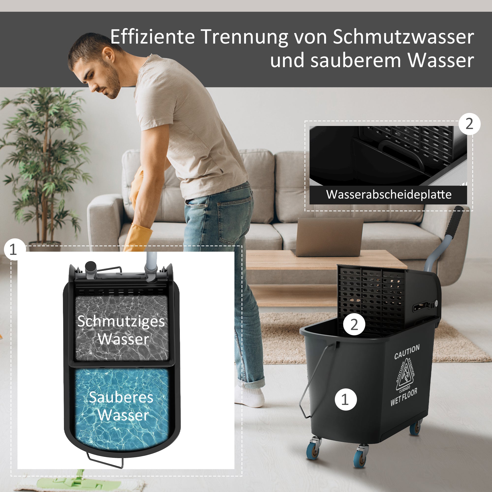 Cleaning Cart Mop Bucket with Wringer 20 L Bucket with Divider for Building Cleaning Hotel Black