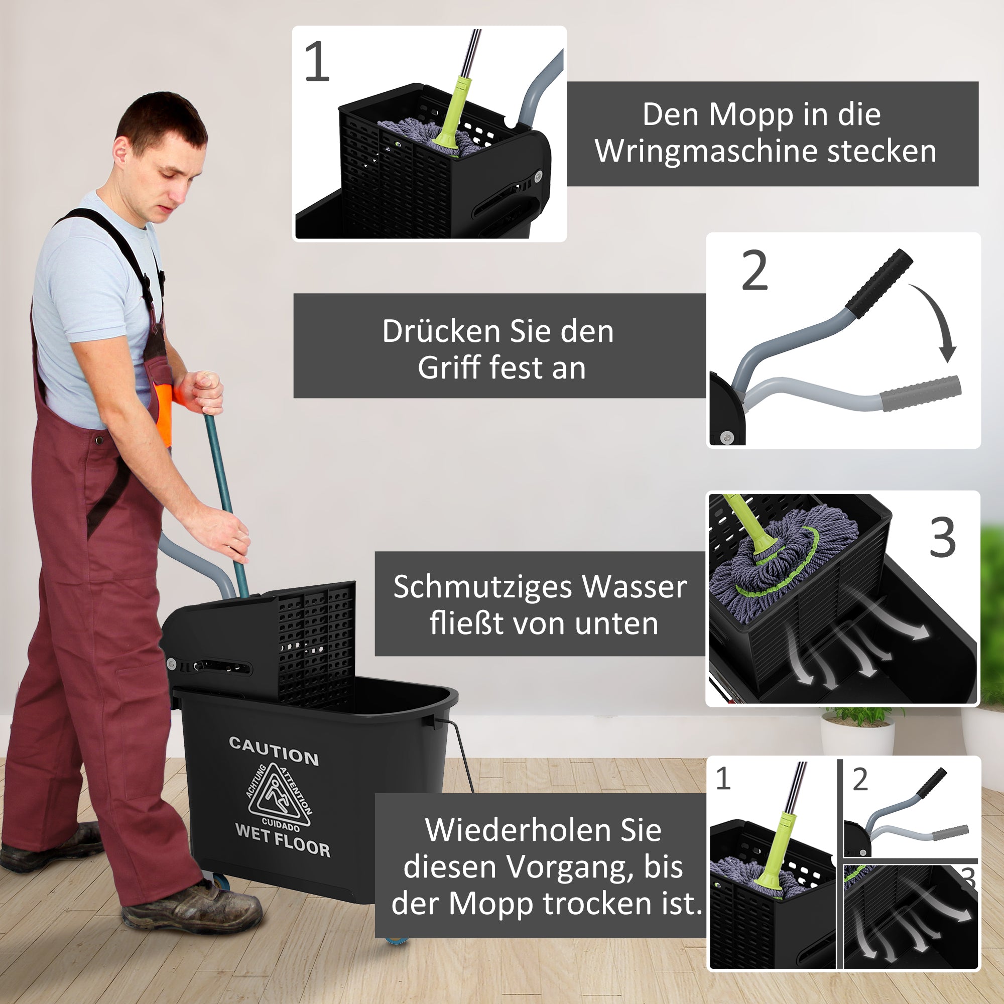 Cleaning Cart Mop Bucket with Wringer 20 L Bucket with Divider for Building Cleaning Hotel Black