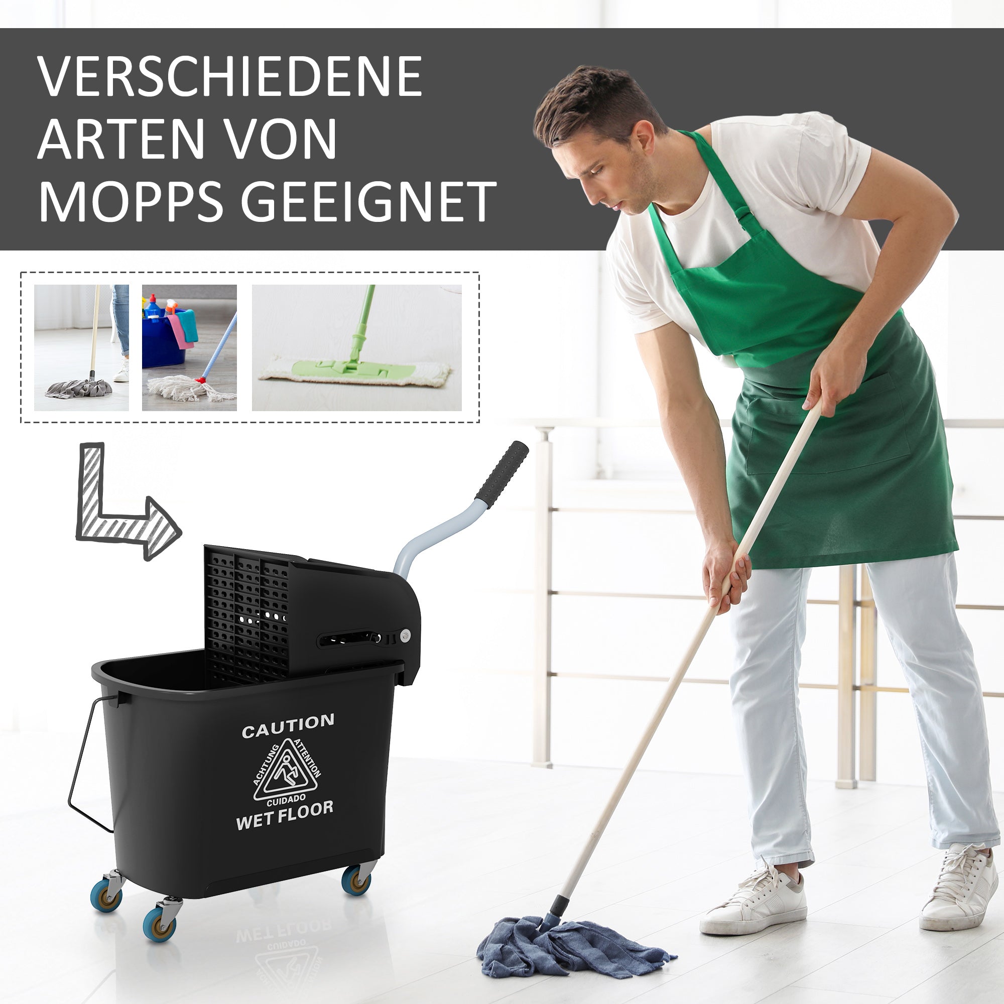 Cleaning Cart Mop Bucket with Wringer 20 L Bucket with Divider for Building Cleaning Hotel Black