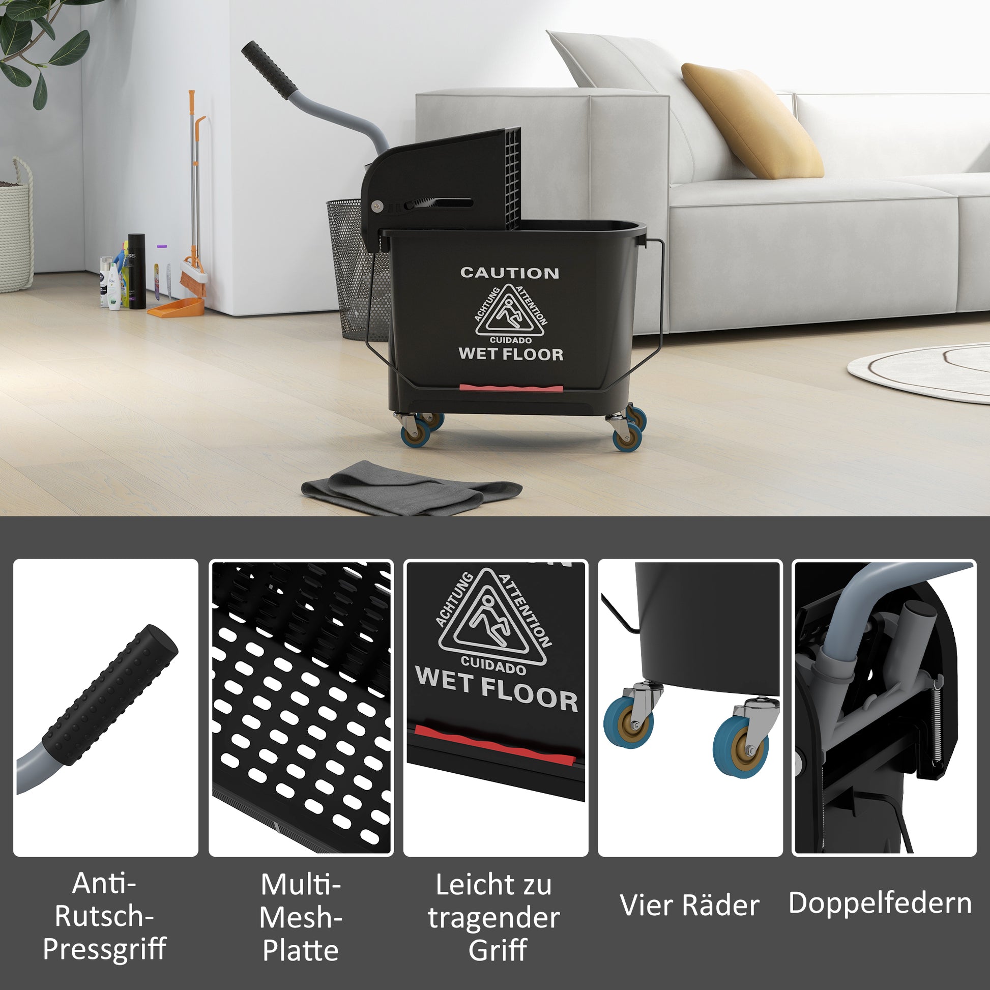 Cleaning Cart Mop Bucket with Wringer 20 L Bucket with Divider for Building Cleaning Hotel Black