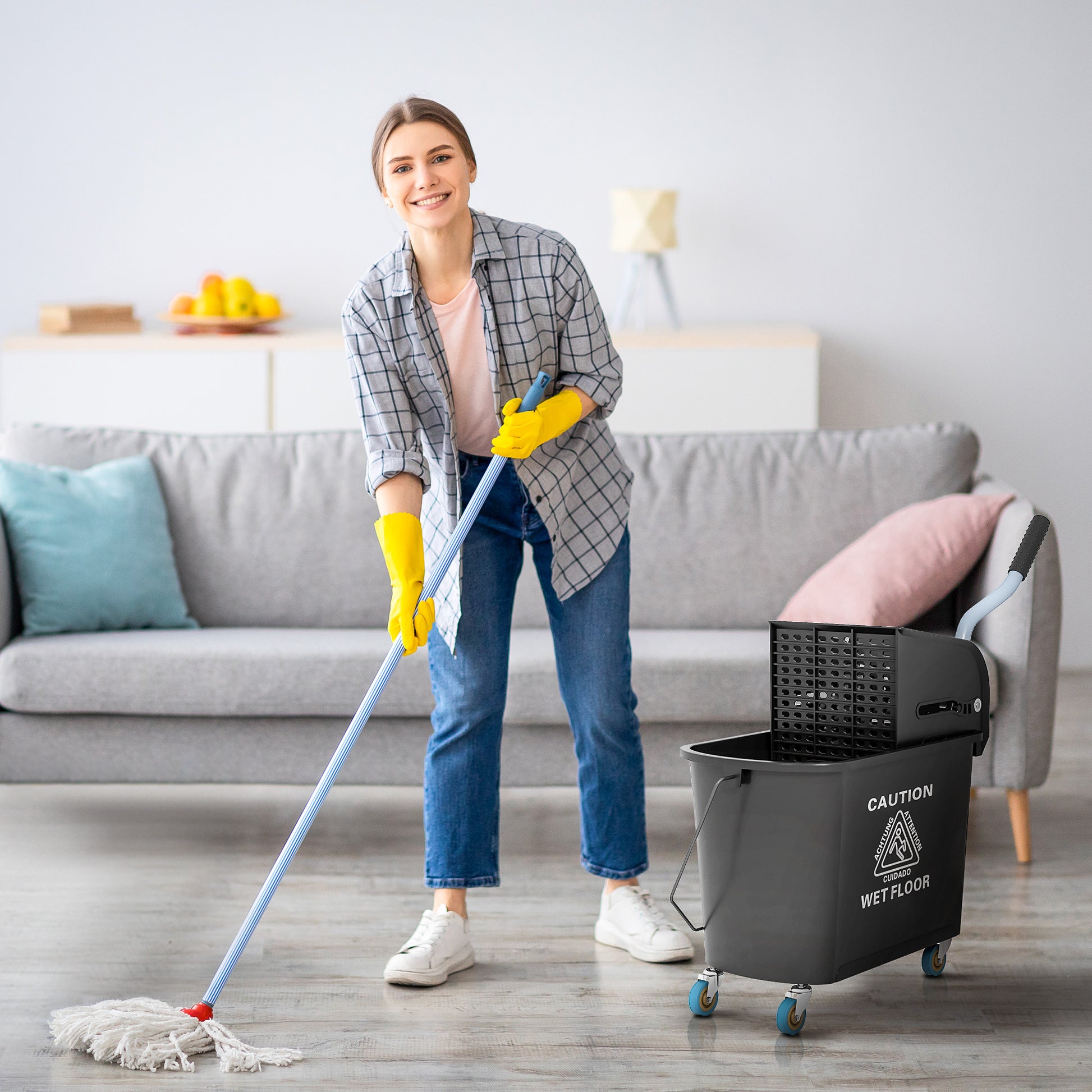 Cleaning Cart Mop Bucket with Wringer 20 L Bucket with Divider for Building Cleaning Hotel Black