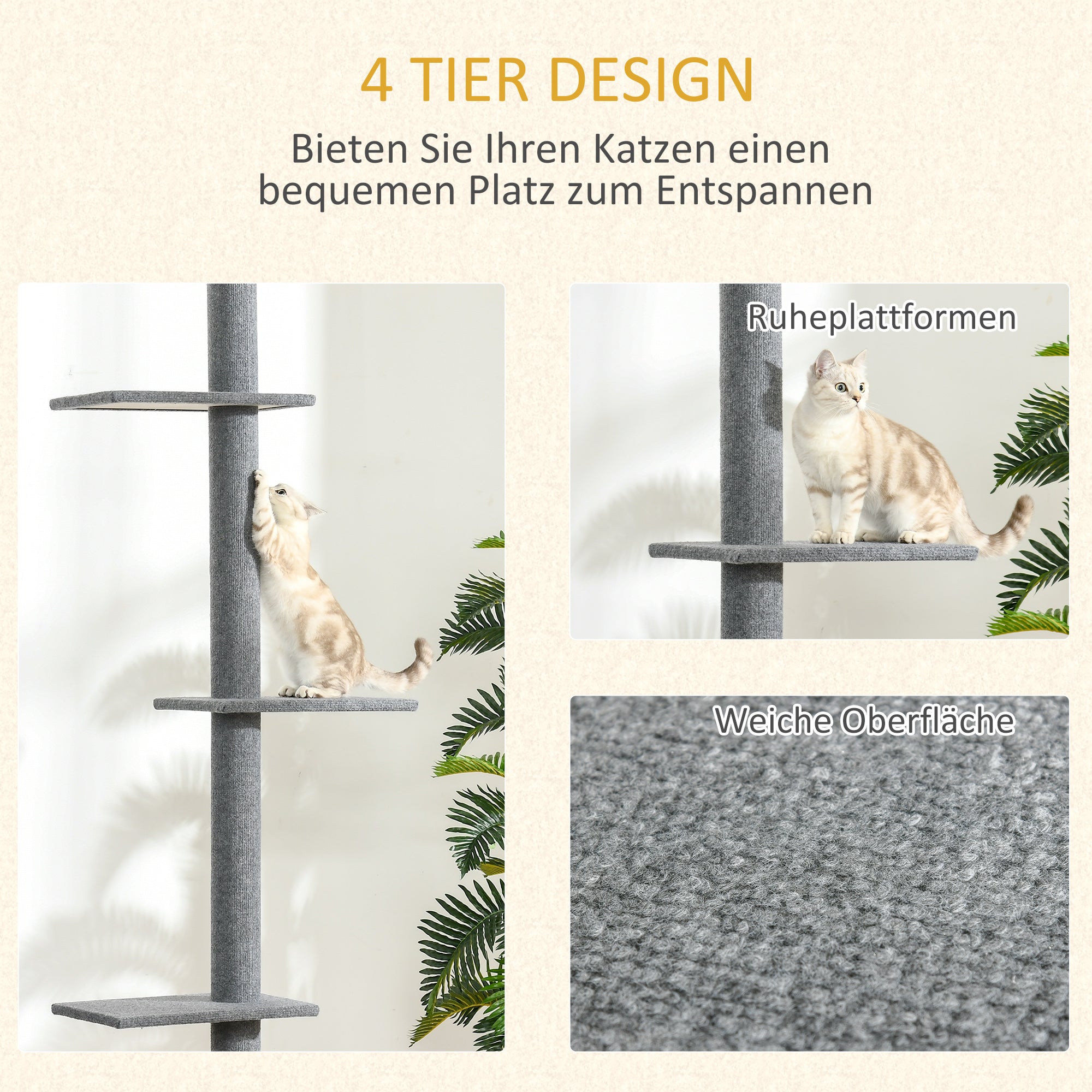Cat Tree Ceiling-High, 228-260 cm Height Adjustable Cat Climbing Tree with 3 Levels, Cat Scratching Tree, Floor-to-Ceiling Play Tree in Gray