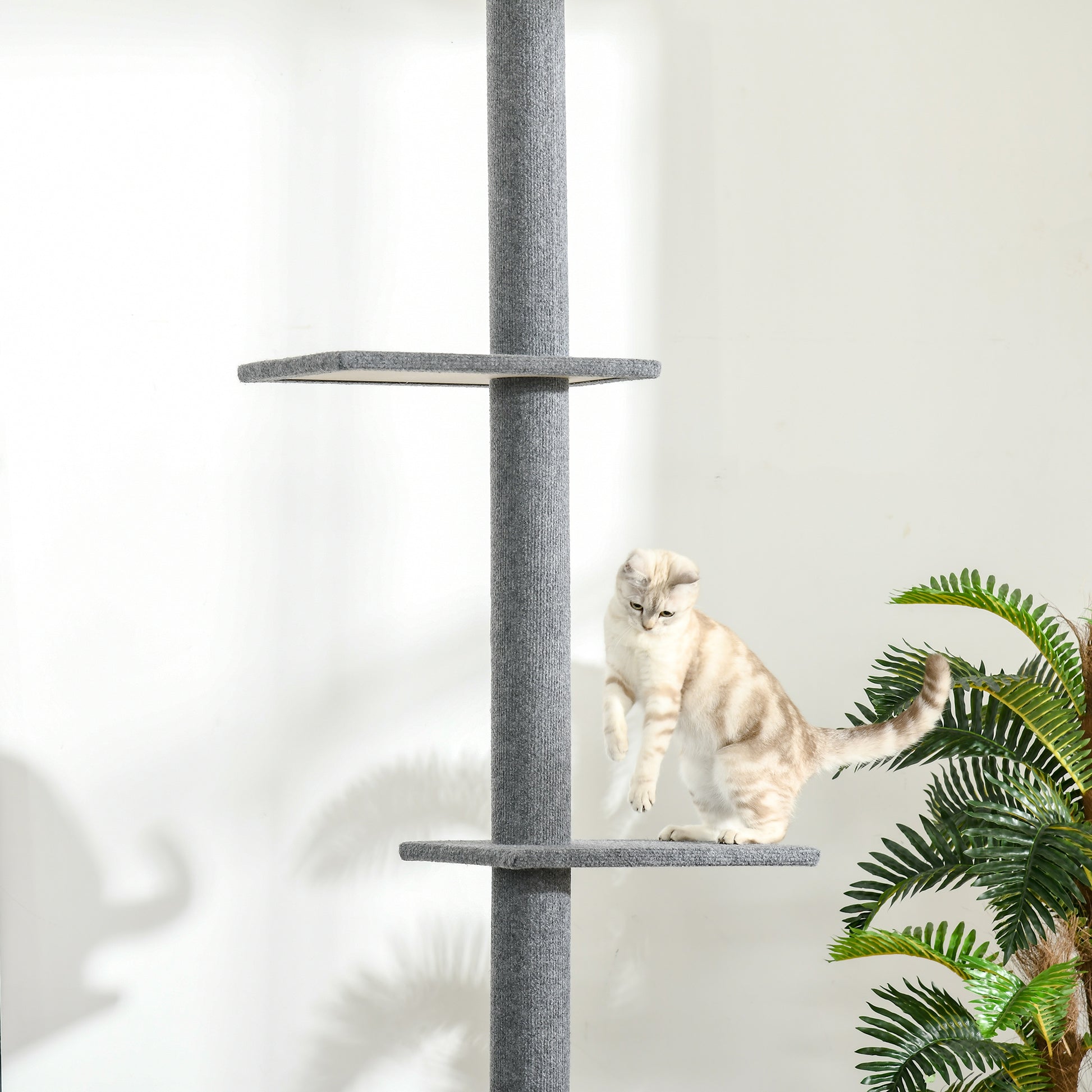 Cat Tree Ceiling-High, 228-260 cm Height Adjustable Cat Climbing Tree with 3 Levels, Cat Scratching Tree, Floor-to-Ceiling Play Tree in Gray