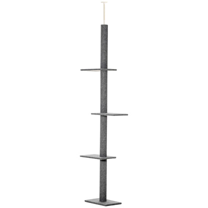 Cat Tree Ceiling-High, 228-260 cm Height Adjustable Cat Climbing Tree with 3 Levels, Cat Scratching Tree, Floor-to-Ceiling Play Tree in Gray