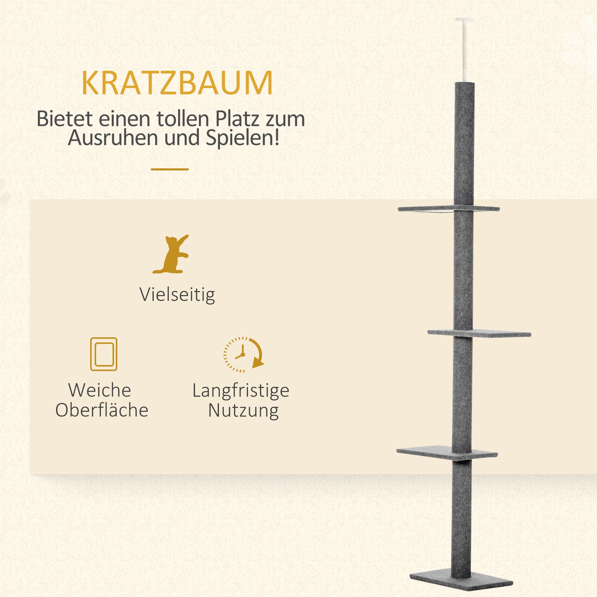 Cat Tree Ceiling-High, 228-260 cm Height Adjustable Cat Climbing Tree with 3 Levels, Cat Scratching Tree, Floor-to-Ceiling Play Tree in Gray