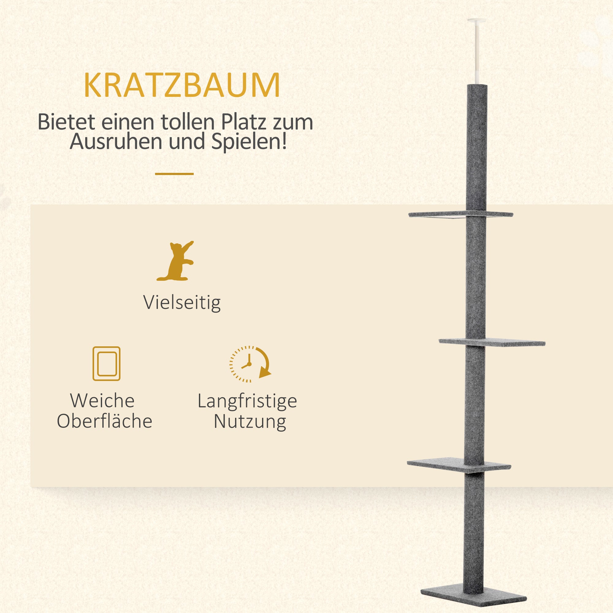 Cat Tree Ceiling-High, 228-260 cm Height Adjustable Cat Climbing Tree with 3 Levels, Cat Scratching Tree, Floor-to-Ceiling Play Tree in Gray