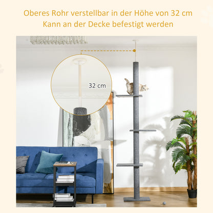 Cat Tree Ceiling-High, 228-260 cm Height Adjustable Cat Climbing Tree with 3 Levels, Cat Scratching Tree, Floor-to-Ceiling Play Tree in Gray