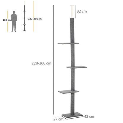 Cat Tree Ceiling-High, 228-260 cm Height Adjustable Cat Climbing Tree with 3 Levels, Cat Scratching Tree, Floor-to-Ceiling Play Tree in Gray