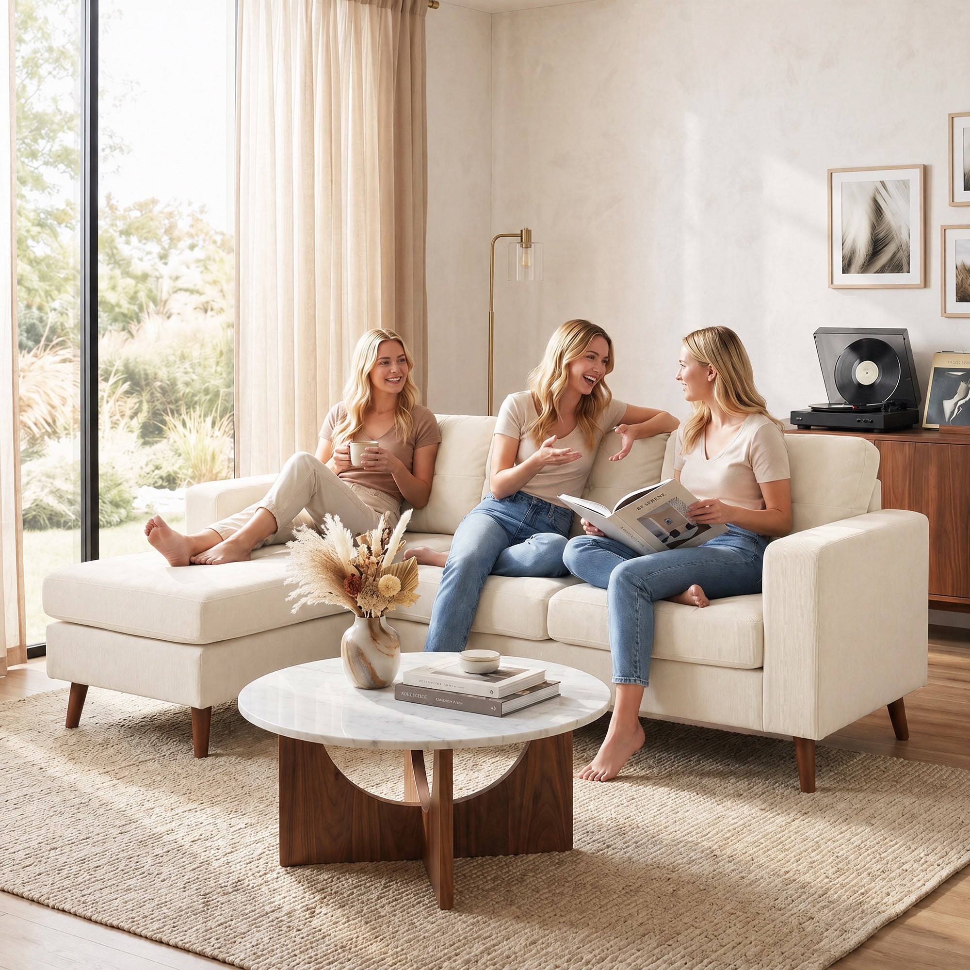 3-Seater L-Shape Corner Sofa with Reversible Chaise, Cord-Look Upholstery — Cream White (76" x 54" x 33")