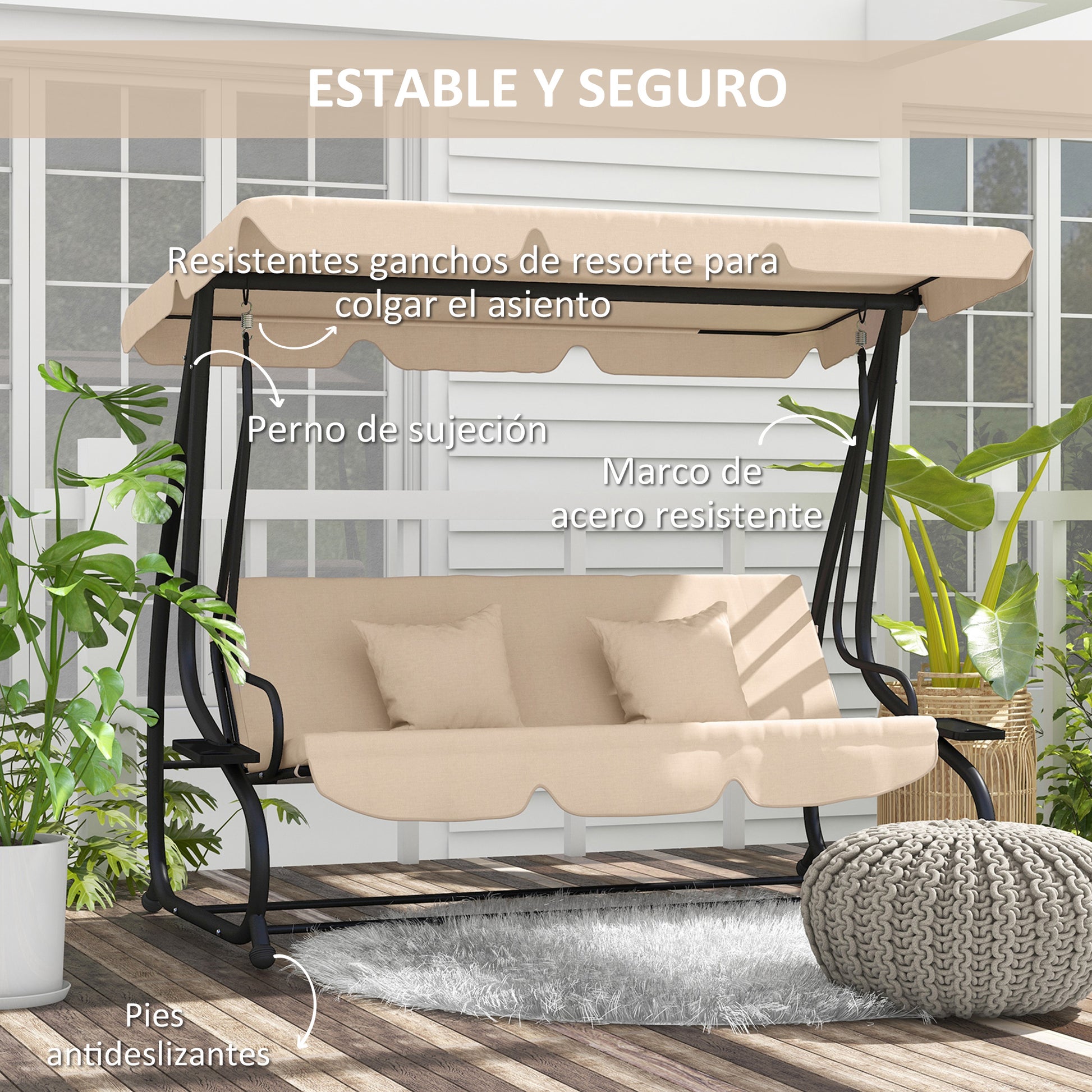 3-Seater Outdoor Garden Swing 2 in 1 Bed Swing with Adjustable Canopy Side Trays and Pillows for Balcony Terrace Patio Load 340 kg 200x120x164 cm Sand