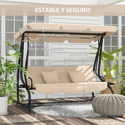 3-Seater Outdoor Garden Swing 2 in 1 Bed Swing with Adjustable Canopy Side Trays and Pillows for Balcony Terrace Patio Load 340 kg 200x120x164 cm Sand