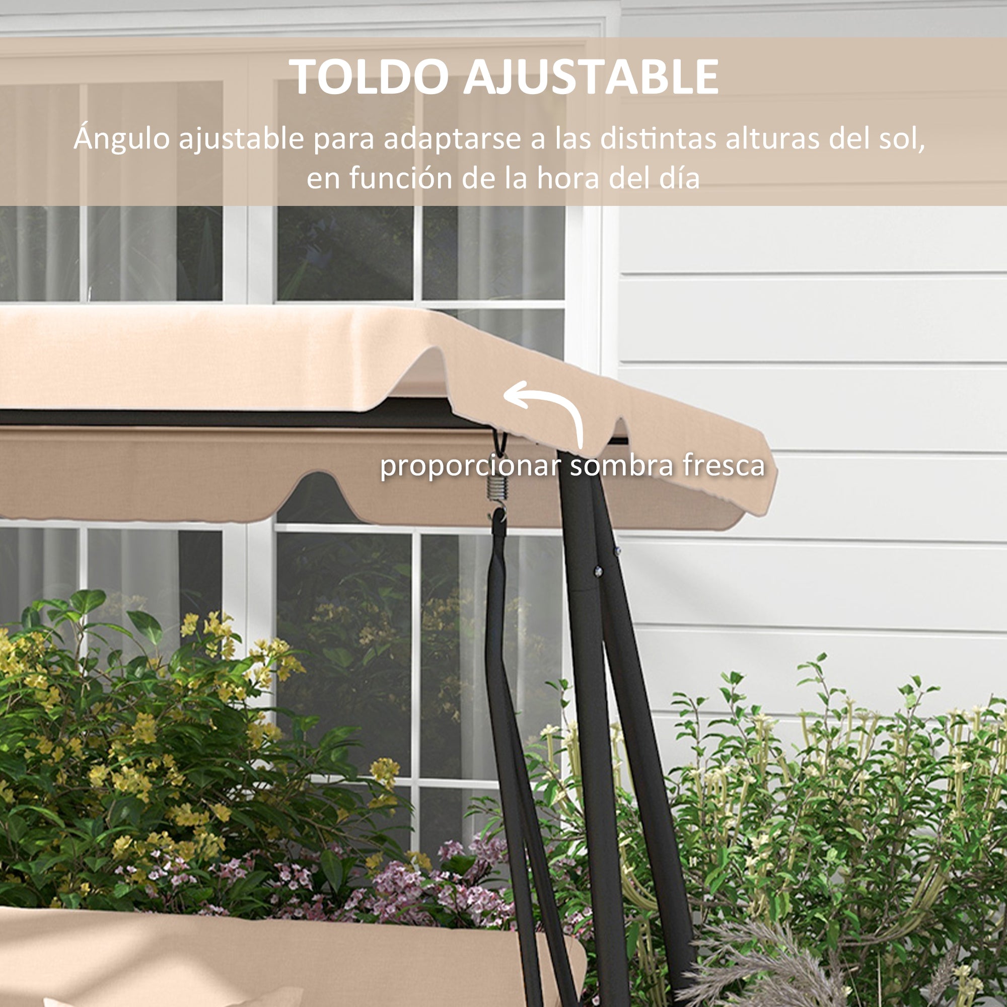 3-Seater Outdoor Garden Swing 2 in 1 Bed Swing with Adjustable Canopy Side Trays and Pillows for Balcony Terrace Patio Load 340 kg 200x120x164 cm Sand