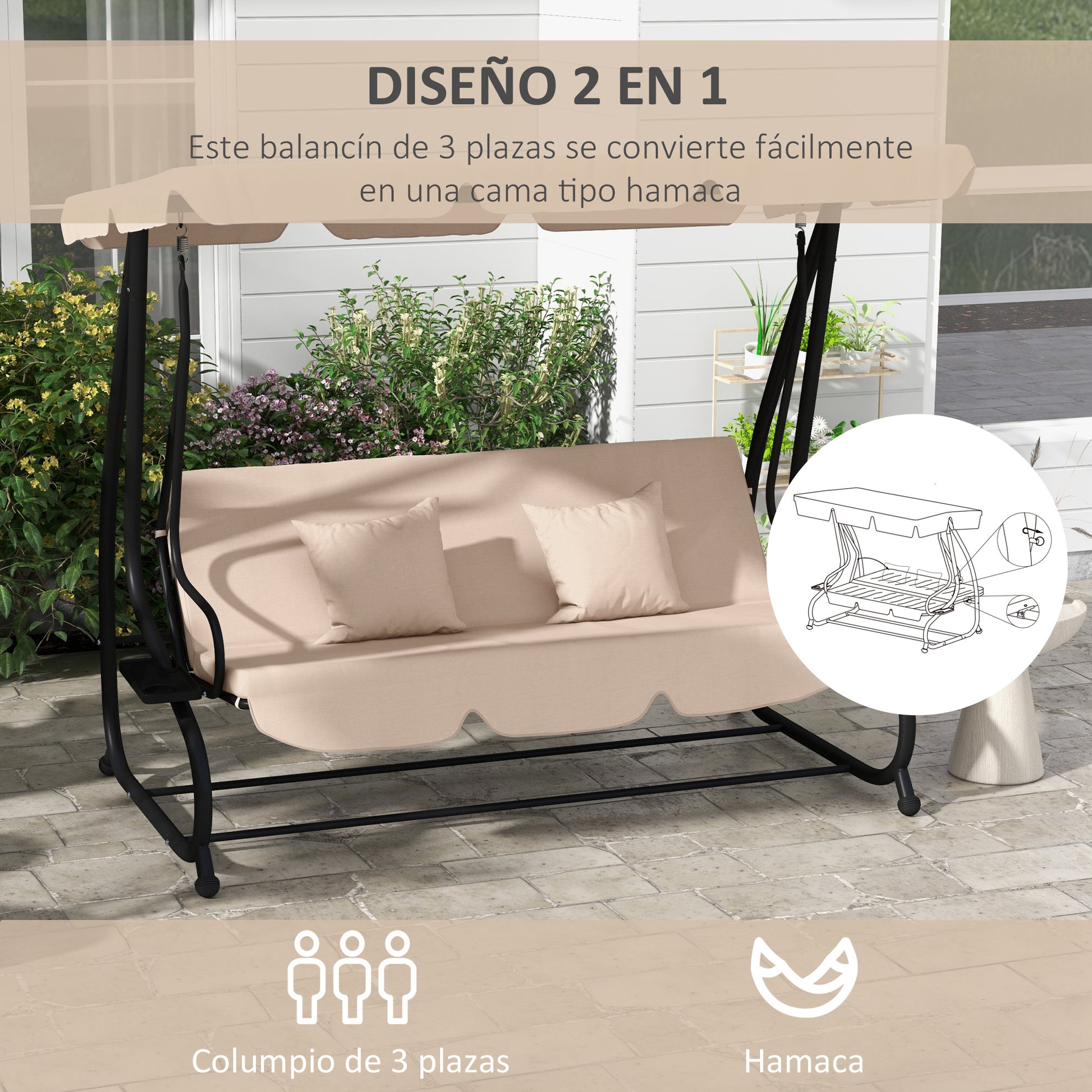 3-Seater Outdoor Garden Swing 2 in 1 Bed Swing with Adjustable Canopy Side Trays and Pillows for Balcony Terrace Patio Load 340 kg 200x120x164 cm Sand